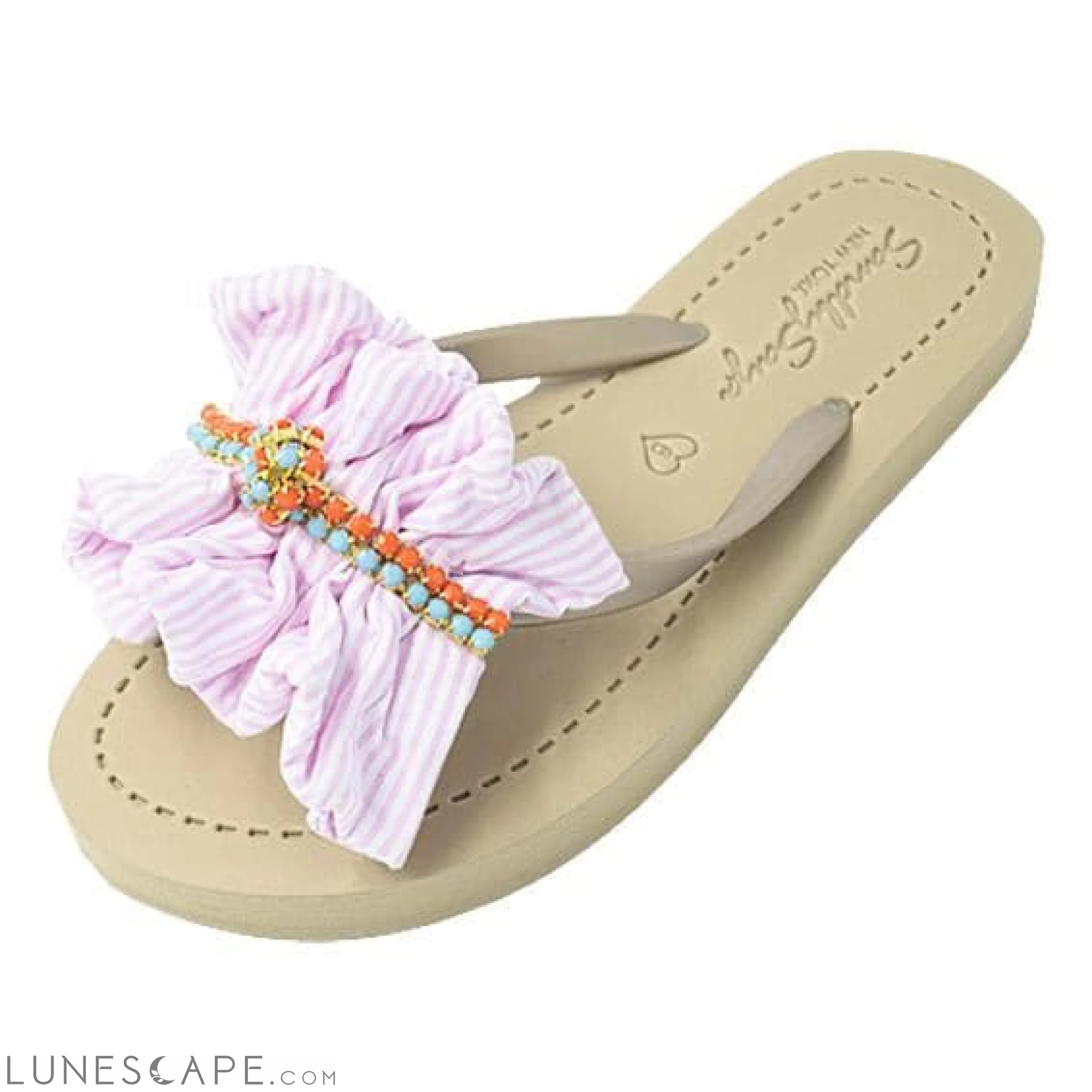 Pink Hudson Stripe Ruffle - Flat Flip Flops Sandal LUNESCAPE