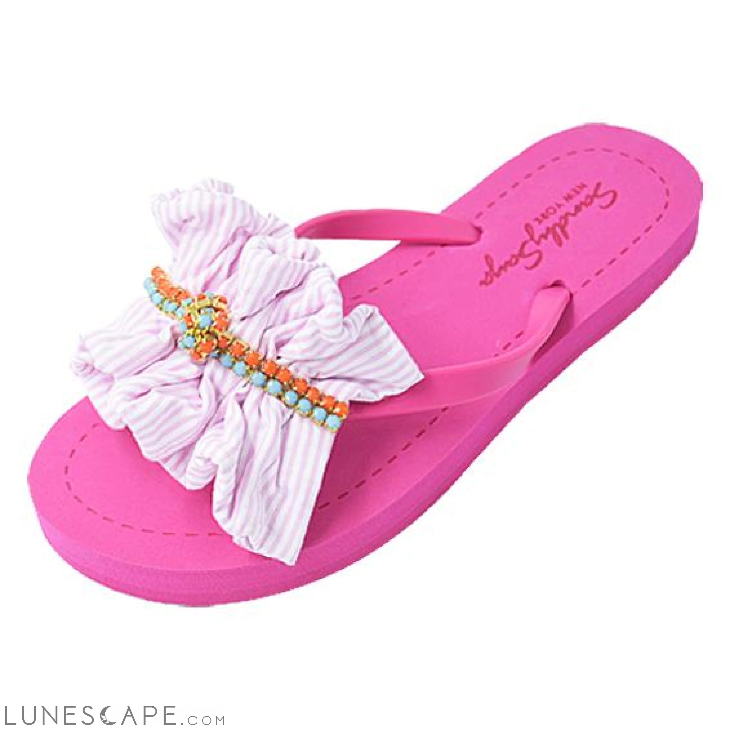 Pink Hudson Stripe Ruffle - Flat Flip Flops Sandal LUNESCAPE