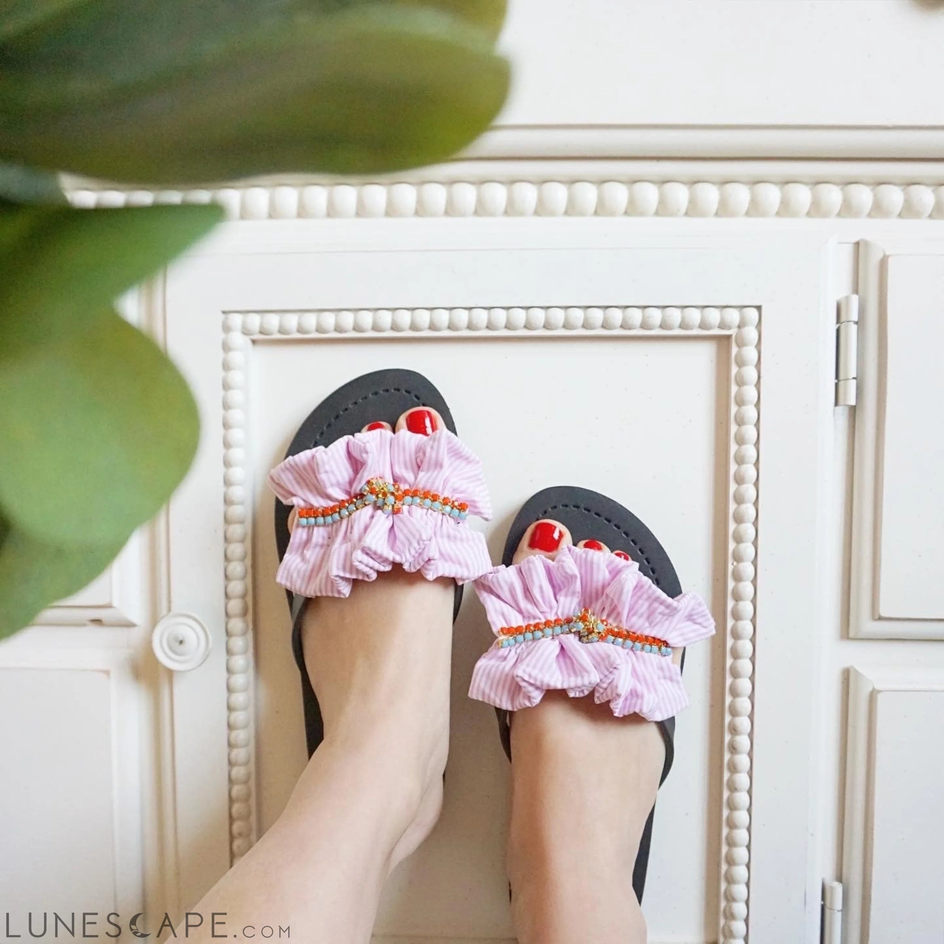 Pink Hudson Stripe Ruffle - Flat Flip Flops Sandal LUNESCAPE