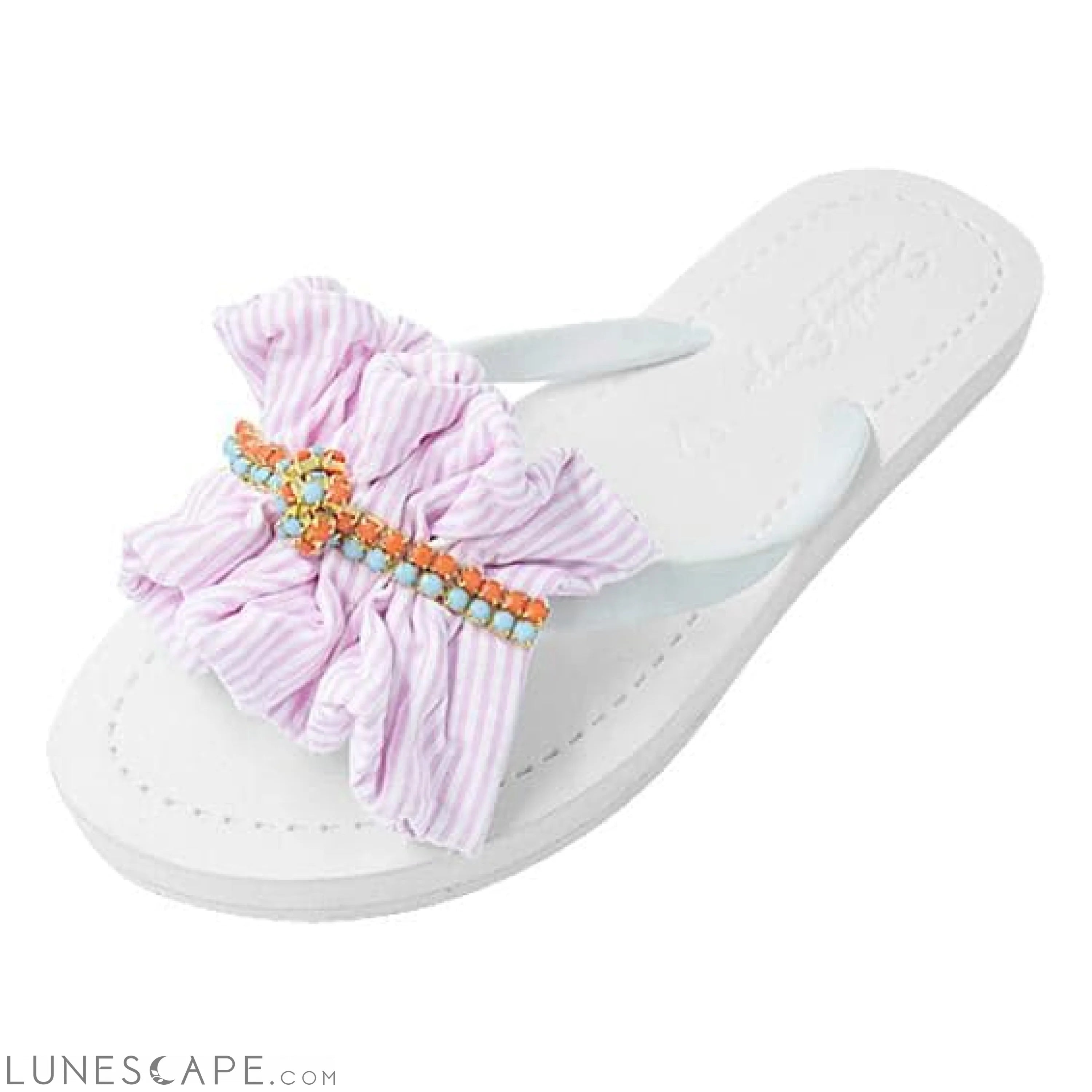 Pink Hudson Stripe Ruffle - Flat Flip Flops Sandal LUNESCAPE