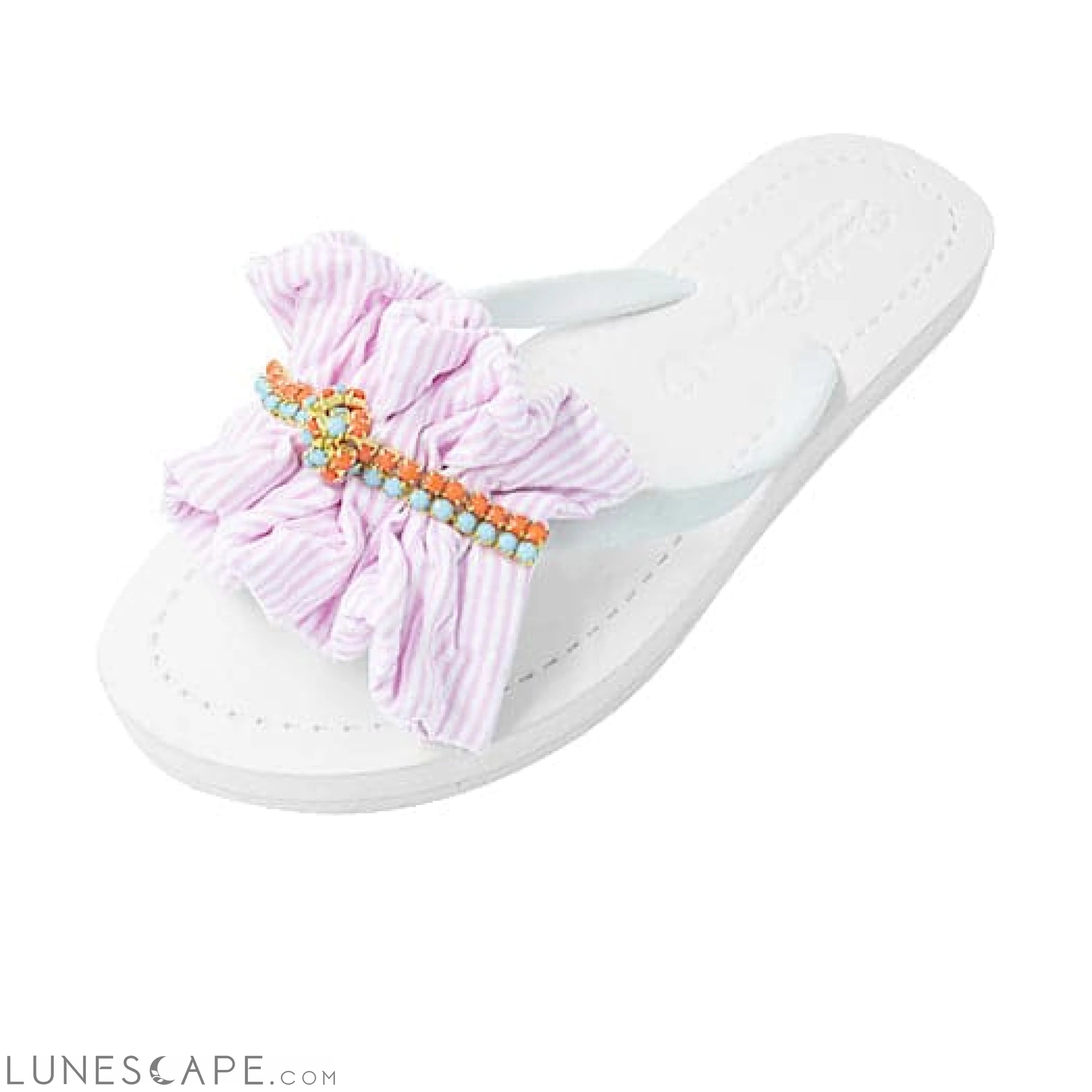 Pink Hudson Stripe Ruffle - Flat Flip Flops Sandal LUNESCAPE