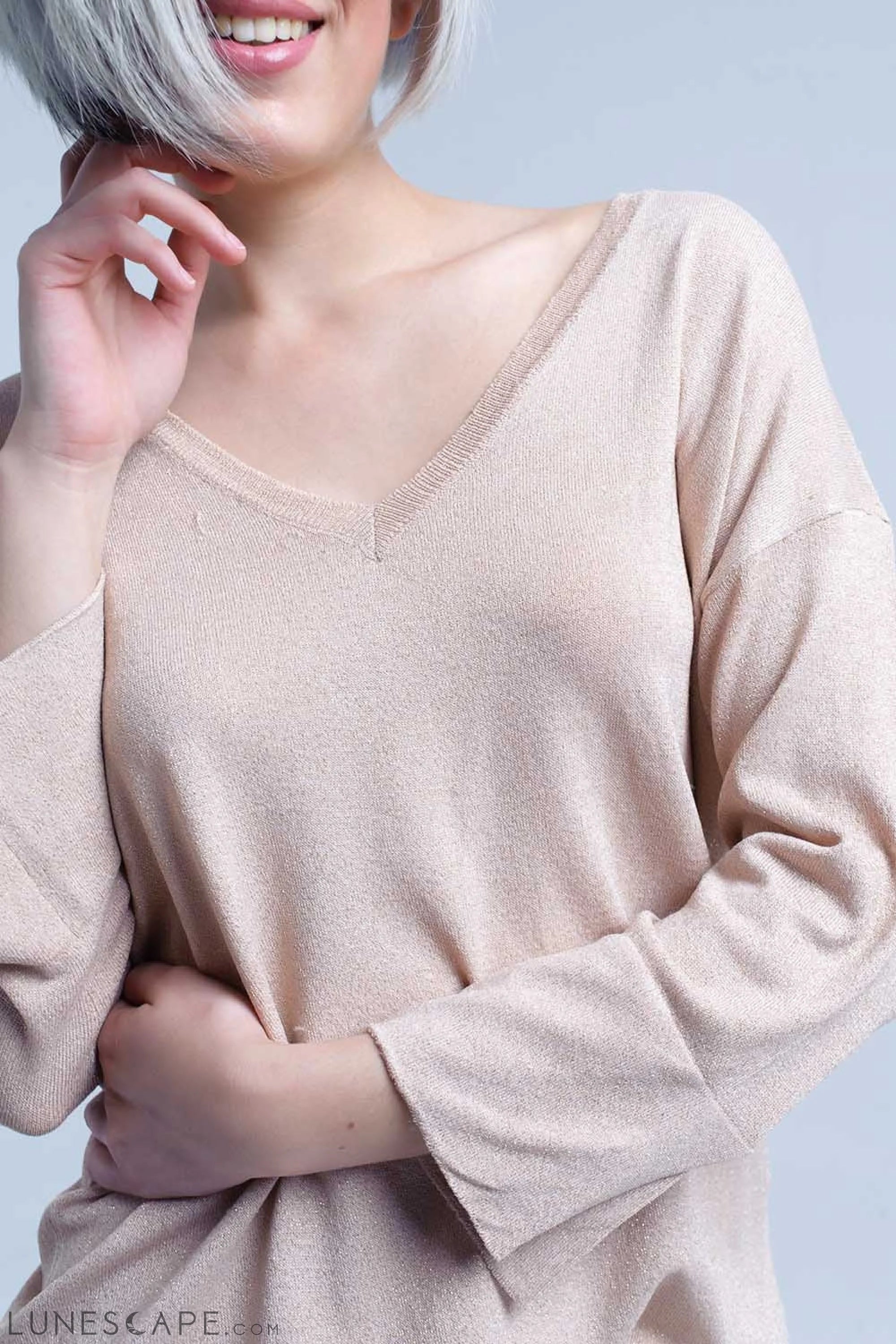 Pink Knit Sweater With Gold Lurex Detail LUNESCAPE