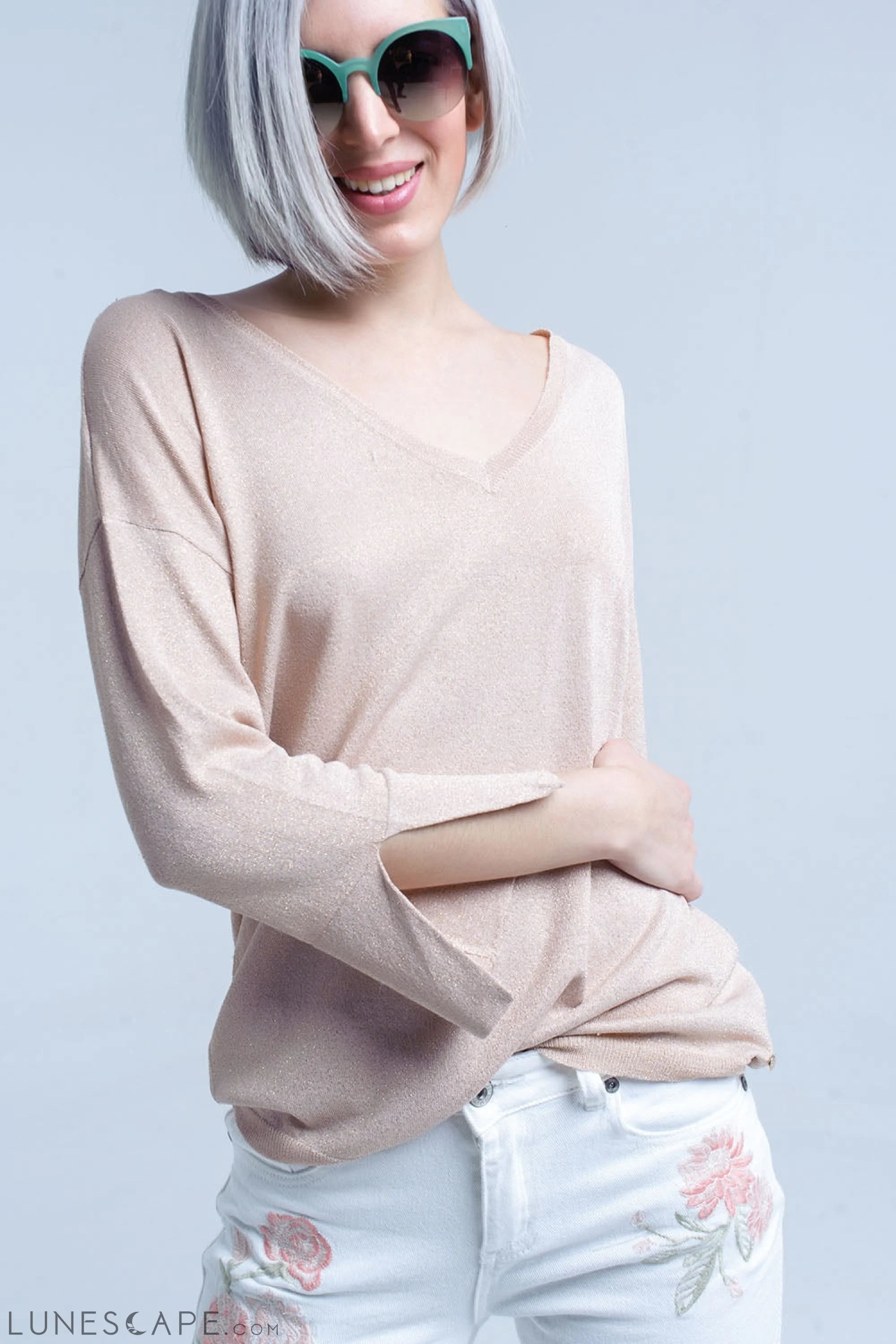 Pink Knit Sweater With Gold Lurex Detail LUNESCAPE