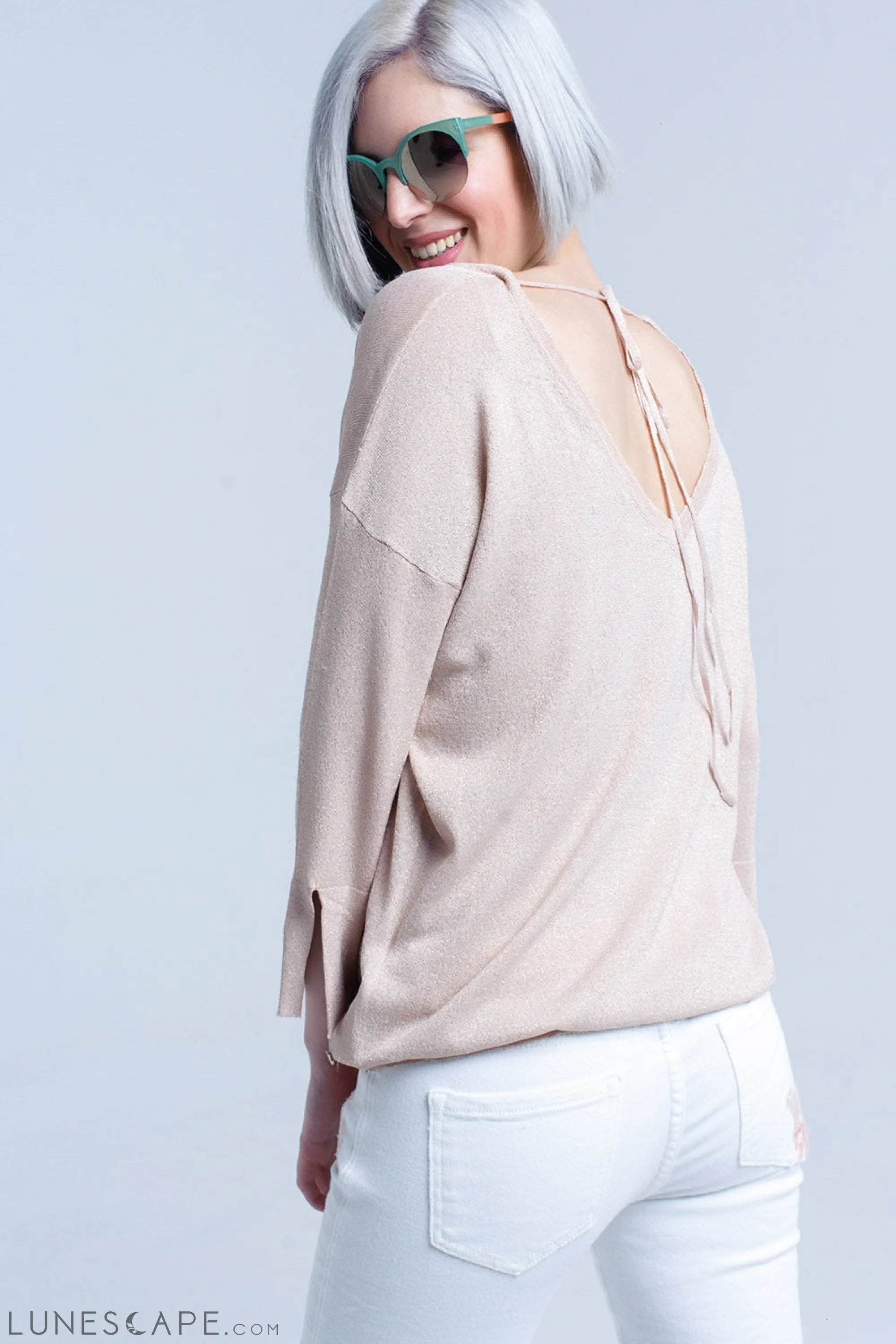 Pink Knit Sweater With Gold Lurex Detail LUNESCAPE