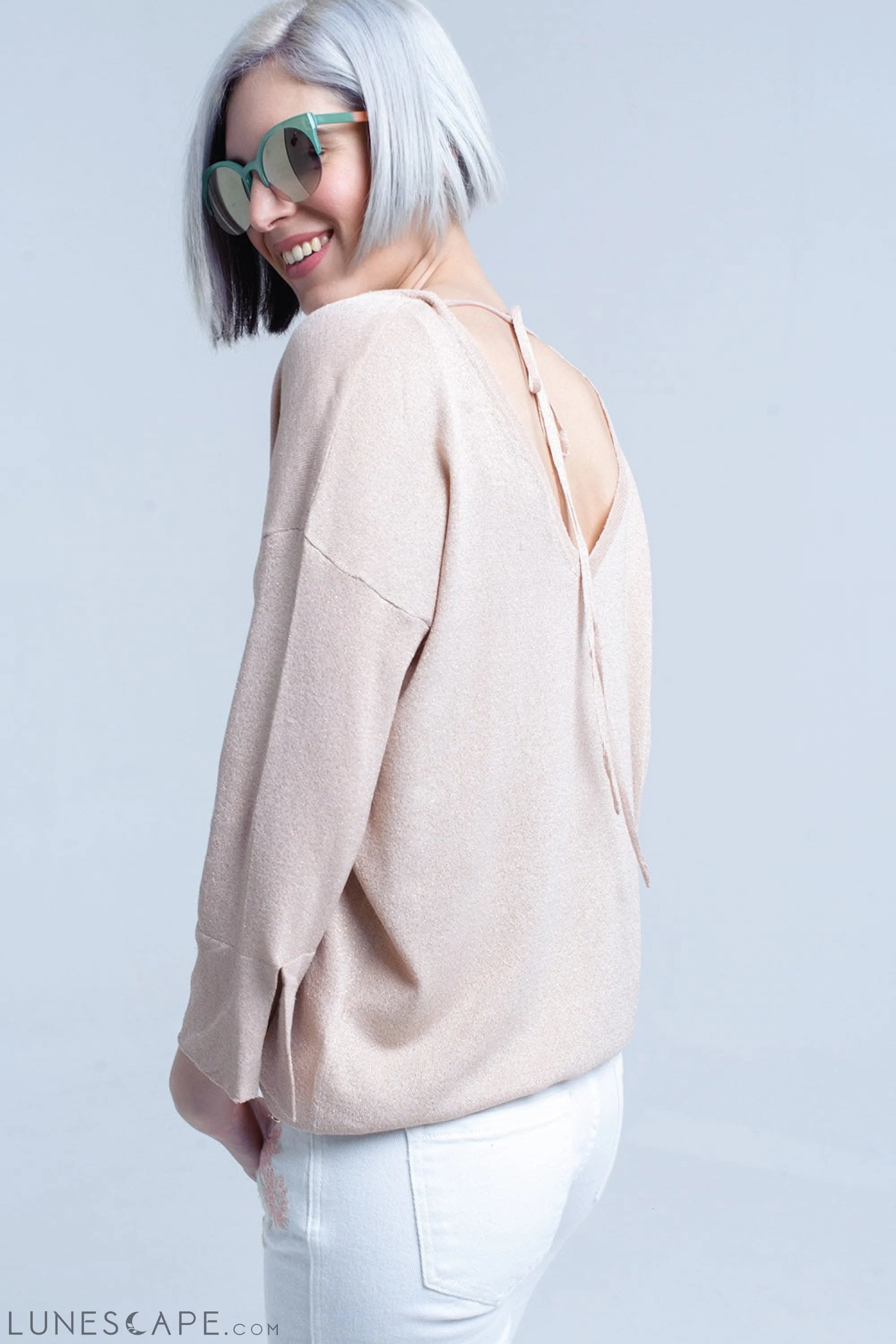 Pink Knit Sweater With Gold Lurex Detail LUNESCAPE