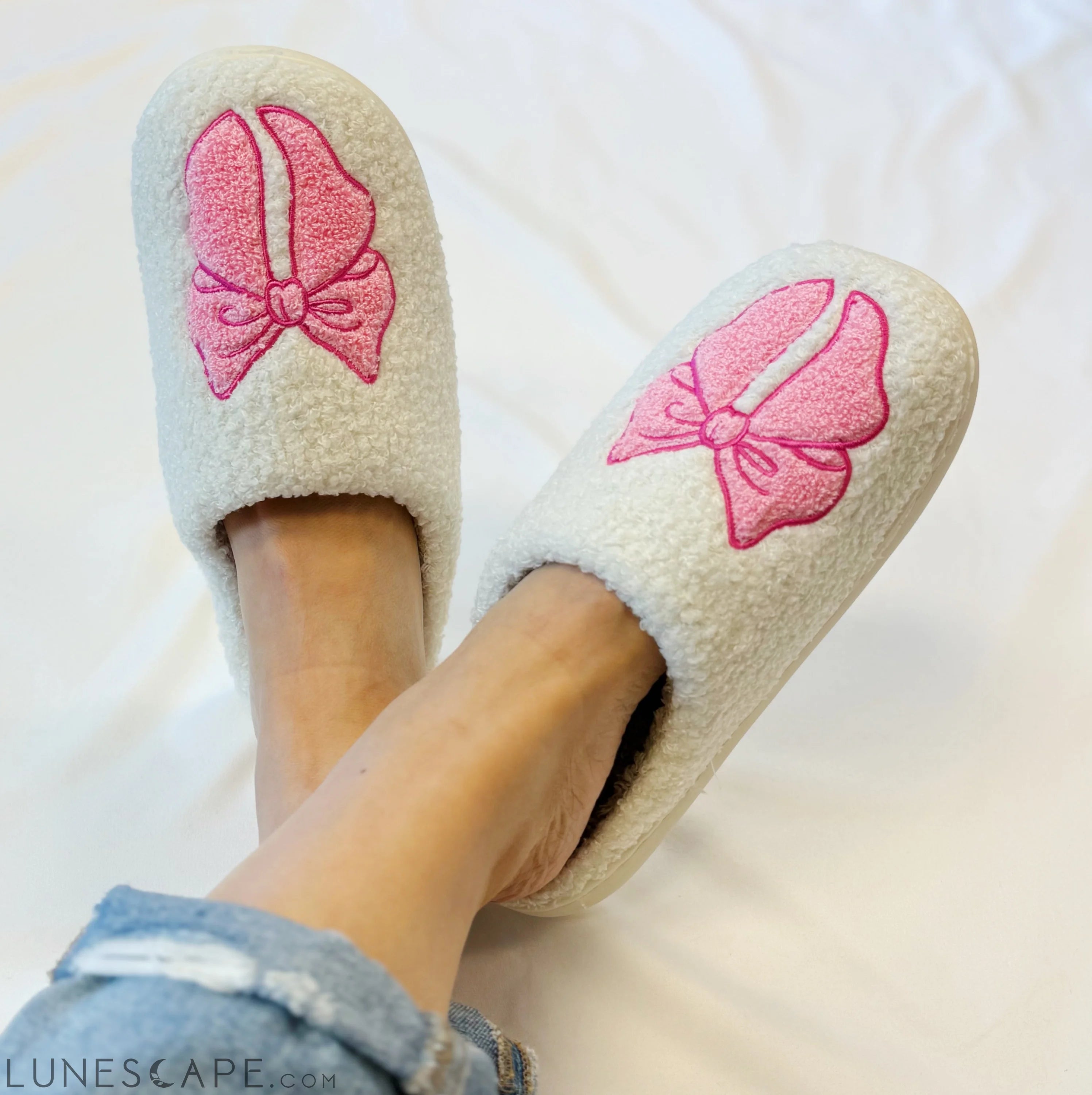 Pink Lounge Bow Cozy Slippers LUNESCAPE