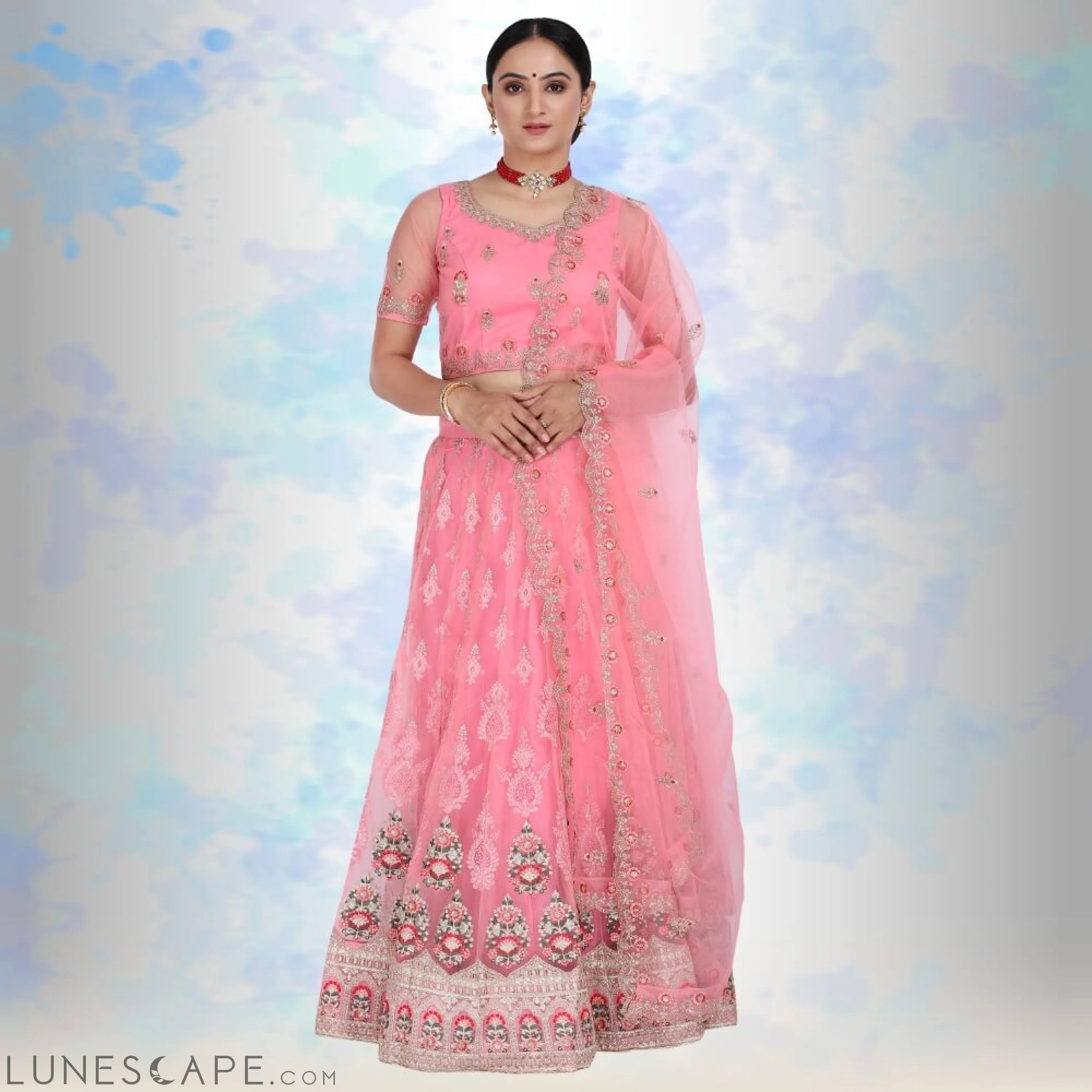 Pink Pure Net Lehenga Choli With Multicolor Embroidery LUNESCAPE