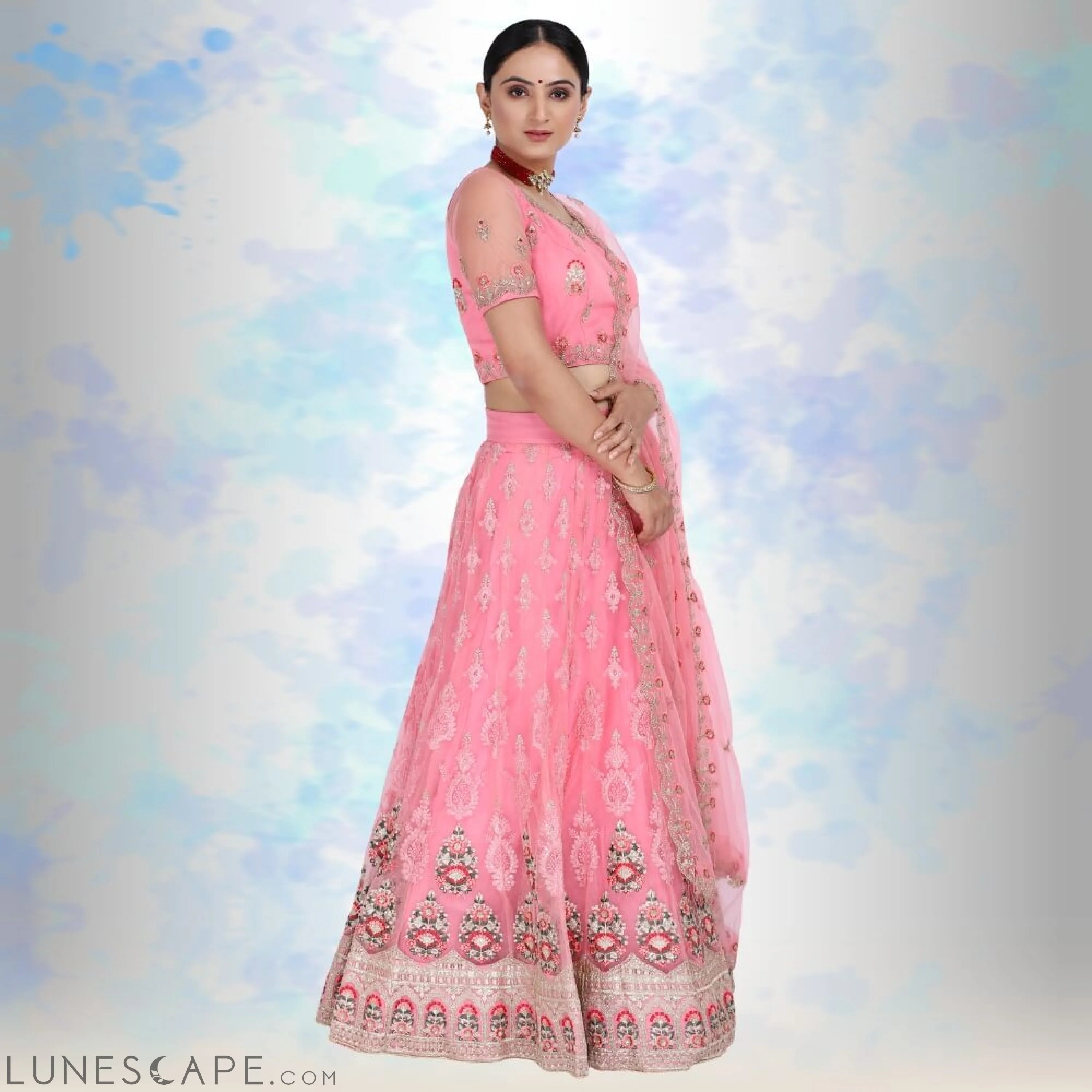 Pink Pure Net Lehenga Choli With Multicolor Embroidery LUNESCAPE