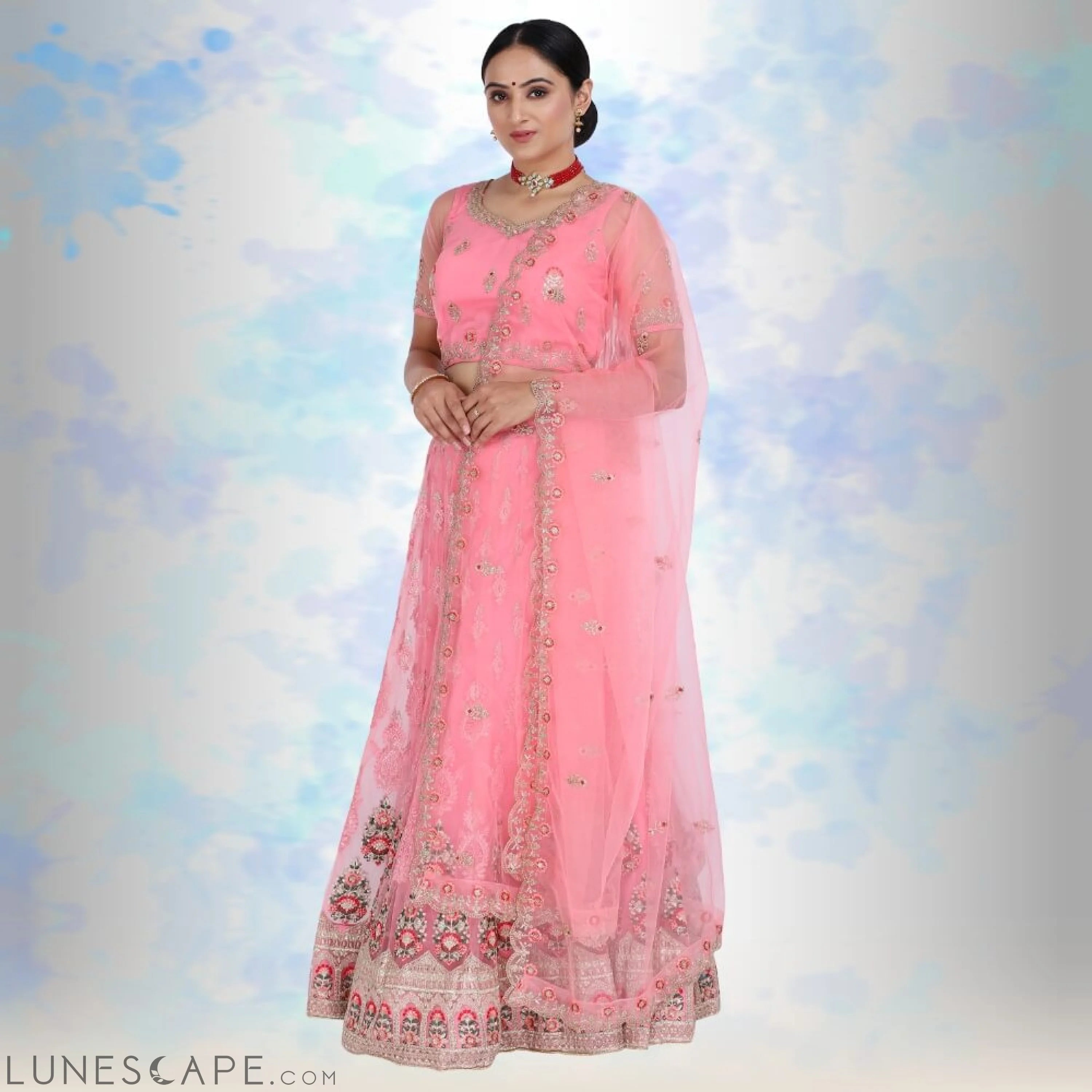 Pink Pure Net Lehenga Choli With Multicolor Embroidery LUNESCAPE
