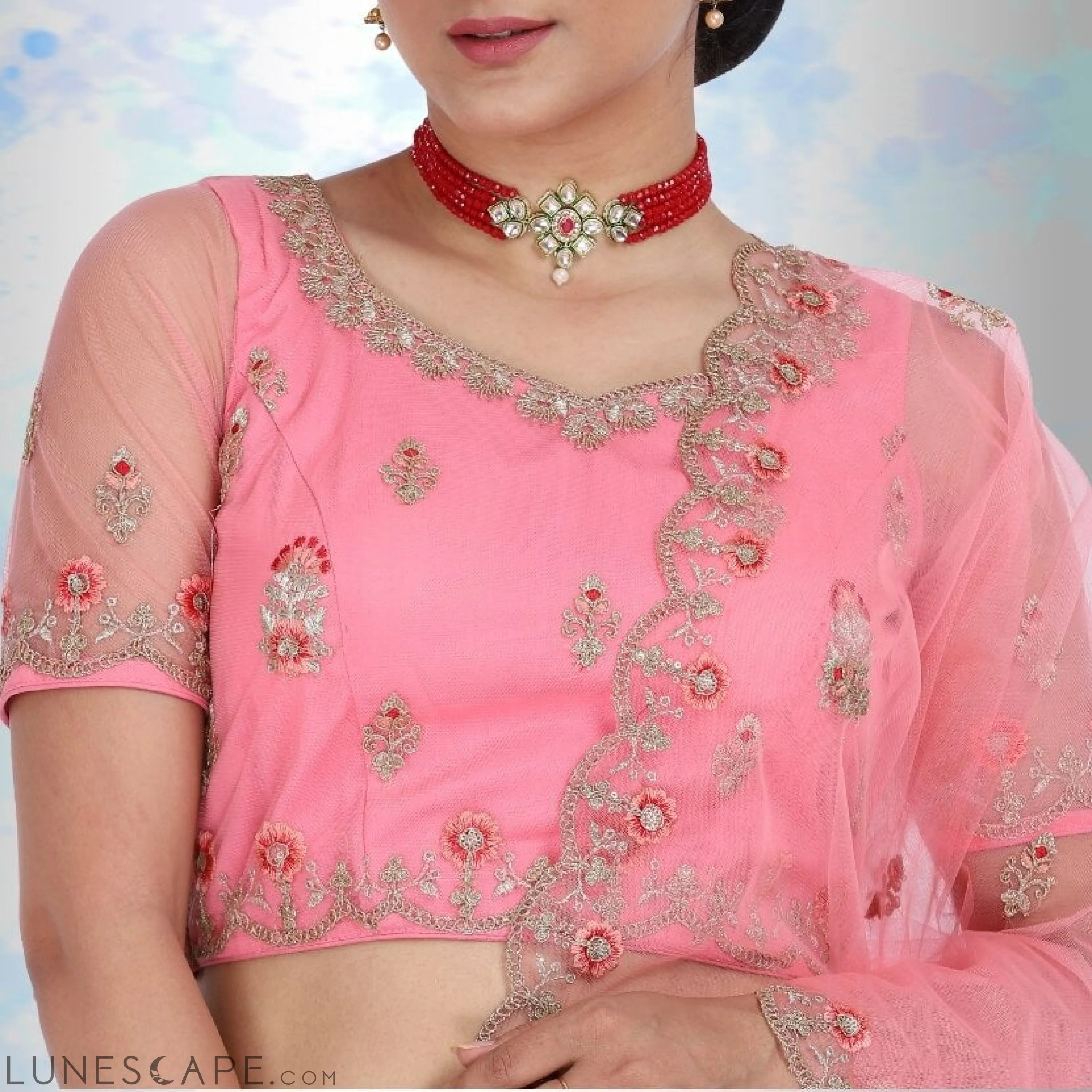 Pink Pure Net Lehenga Choli With Multicolor Embroidery LUNESCAPE
