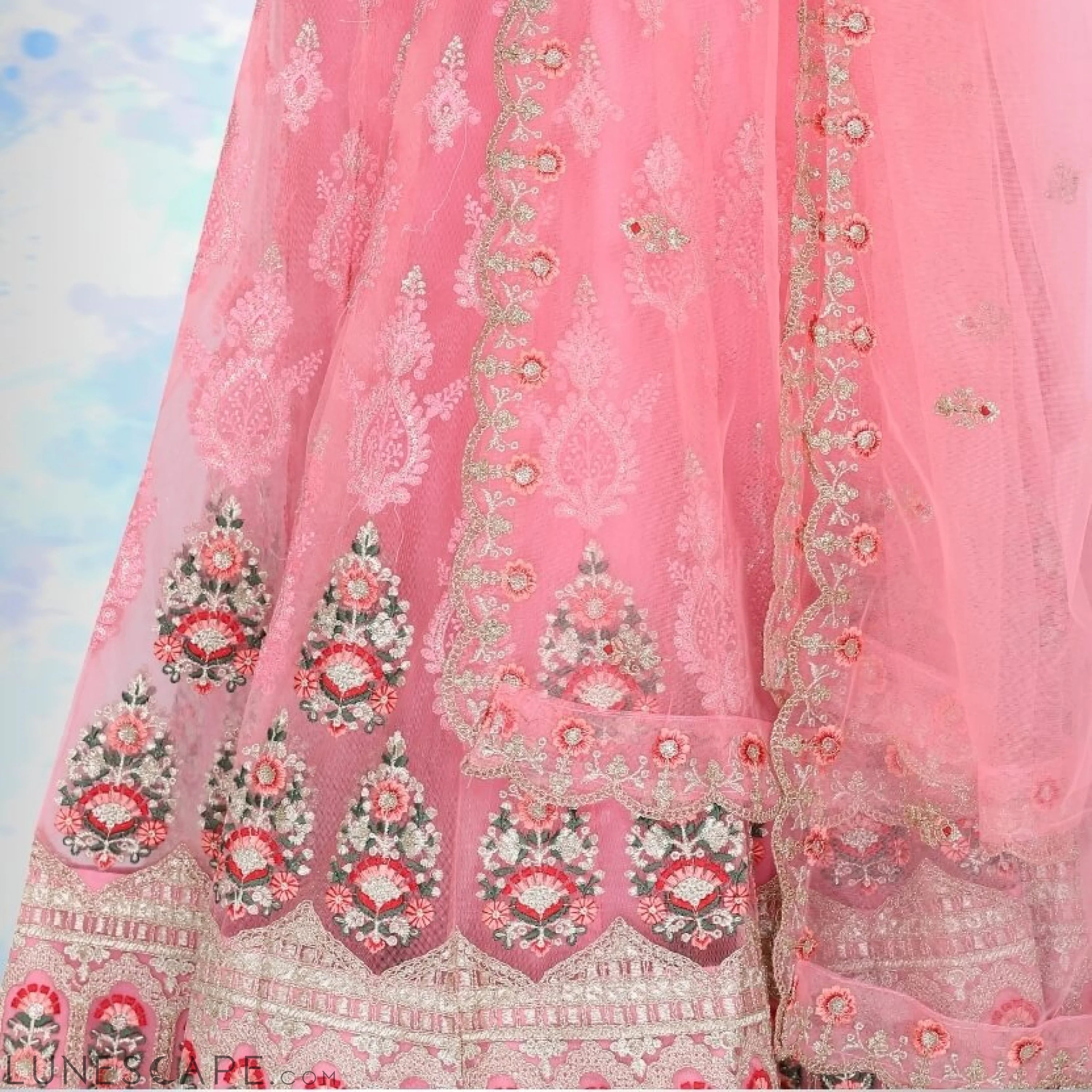 Pink Pure Net Lehenga Choli With Multicolor Embroidery LUNESCAPE