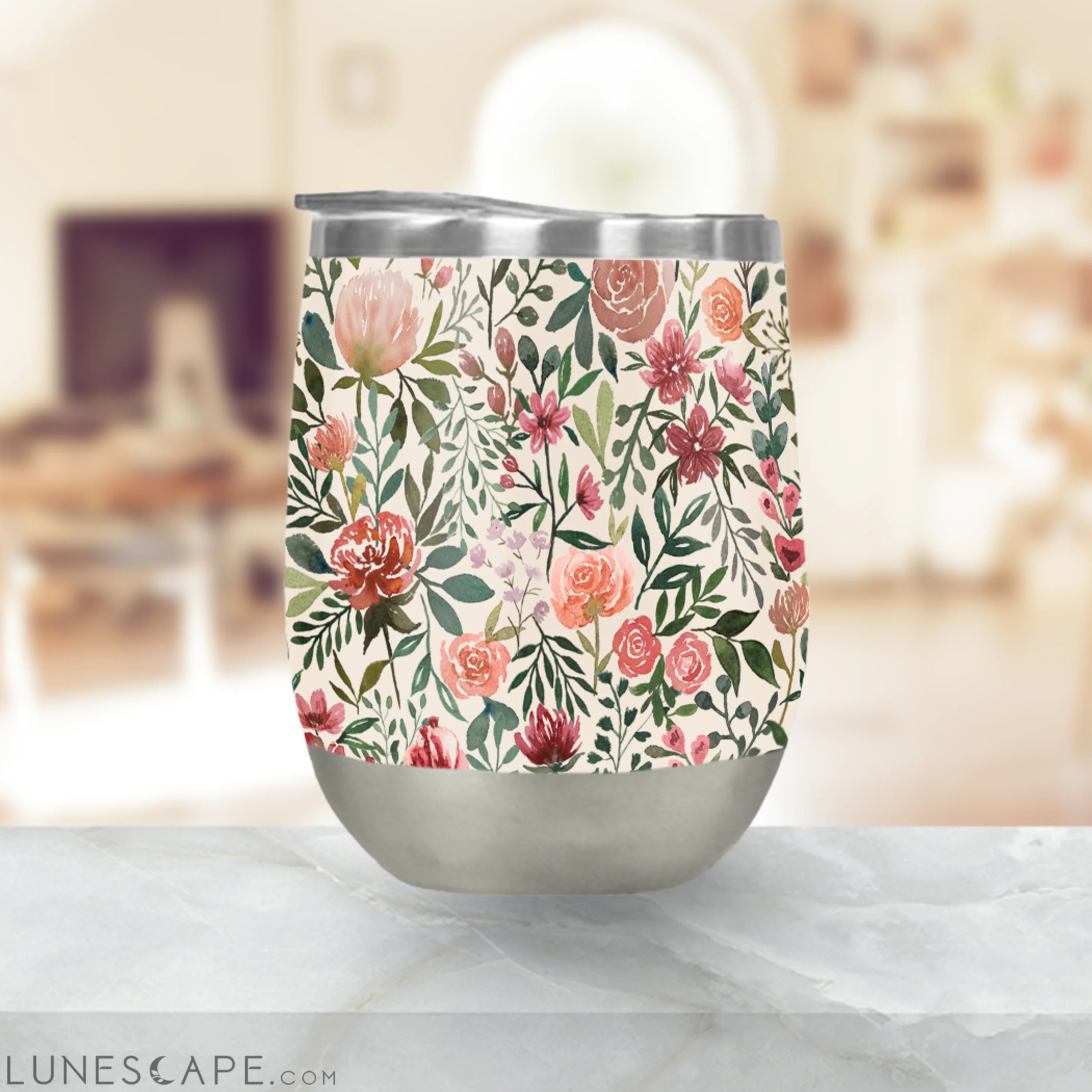 Pink Spring Flowers Stemless Wine Tumbler LUNESCAPE