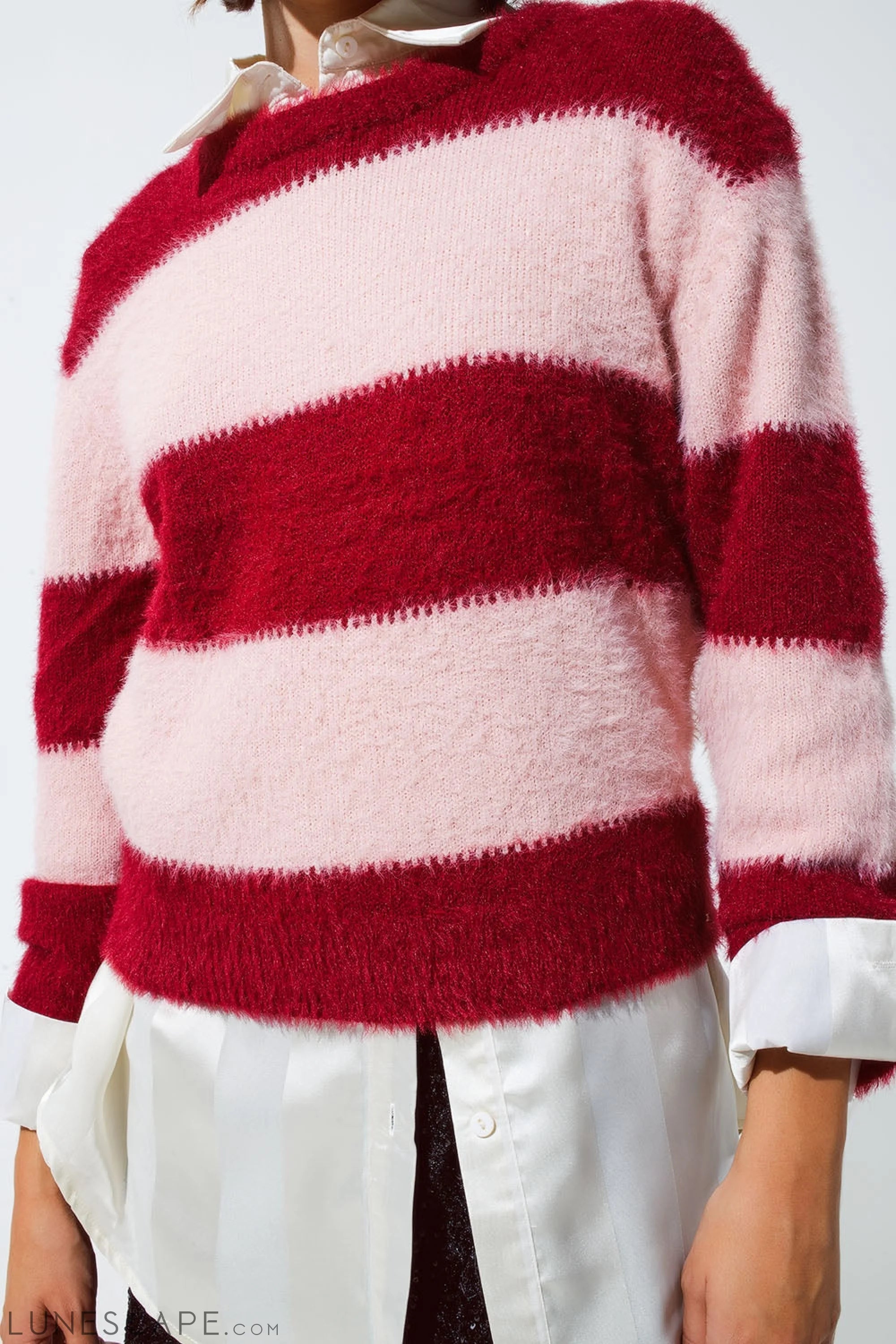 Pink Sweater With Stripes and a Crew Neck LUNESCAPE