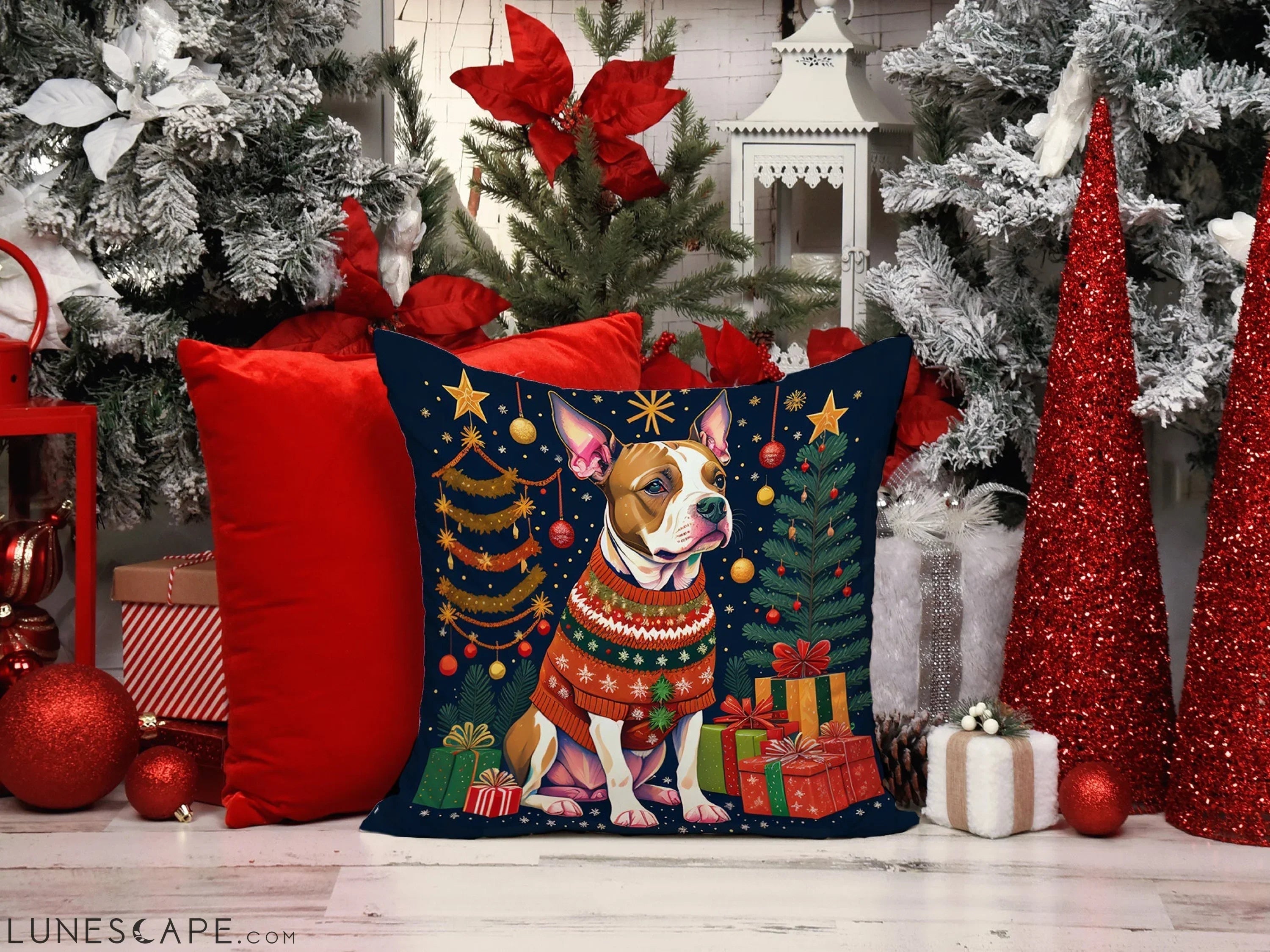 Pit Bull Terrier Christmas Throw Pillow LUNESCAPE