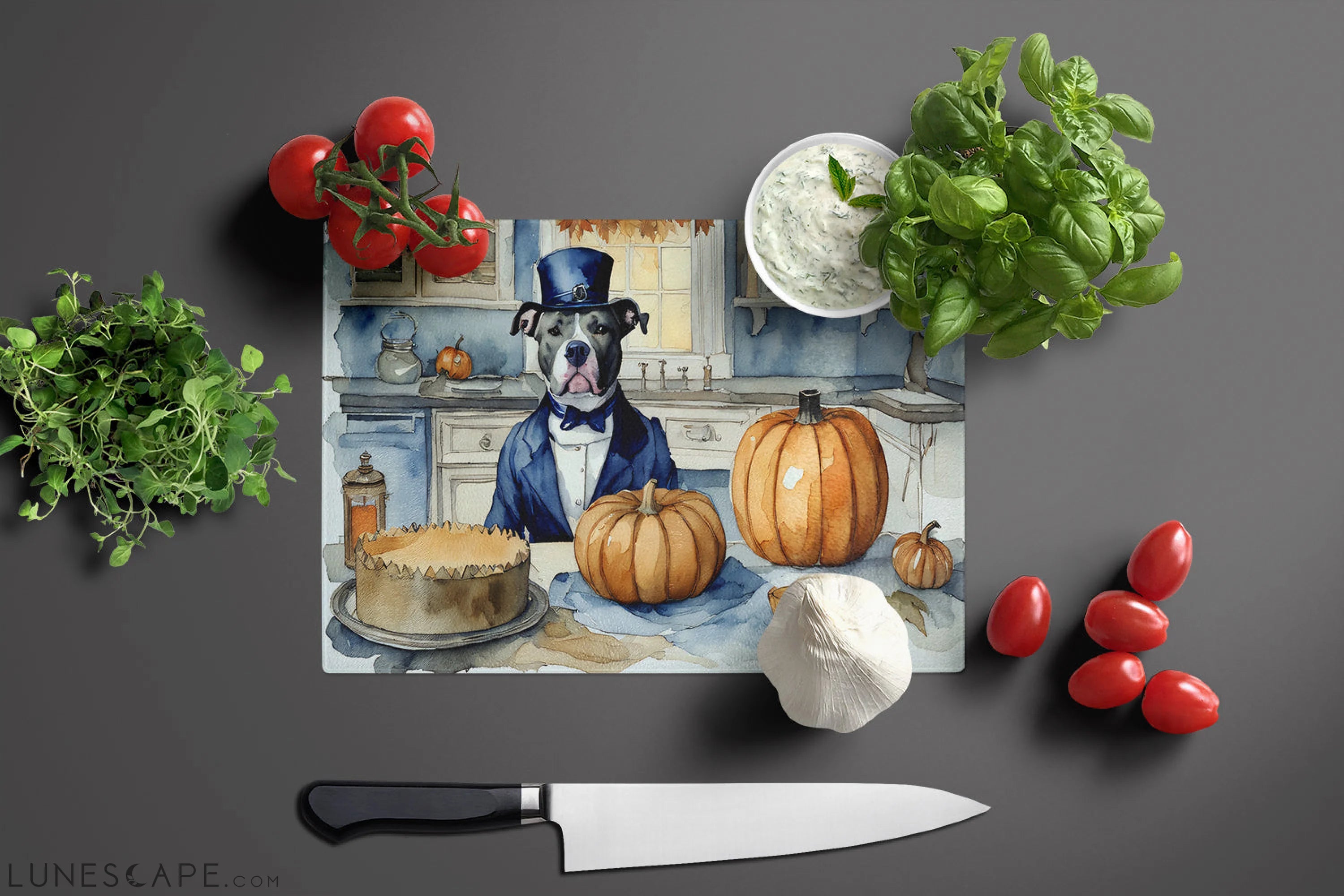 Pit Bull Terrier Thanksgiving Fall Kitchen Pumpkins Glass Cutting Board LUNESCAPE