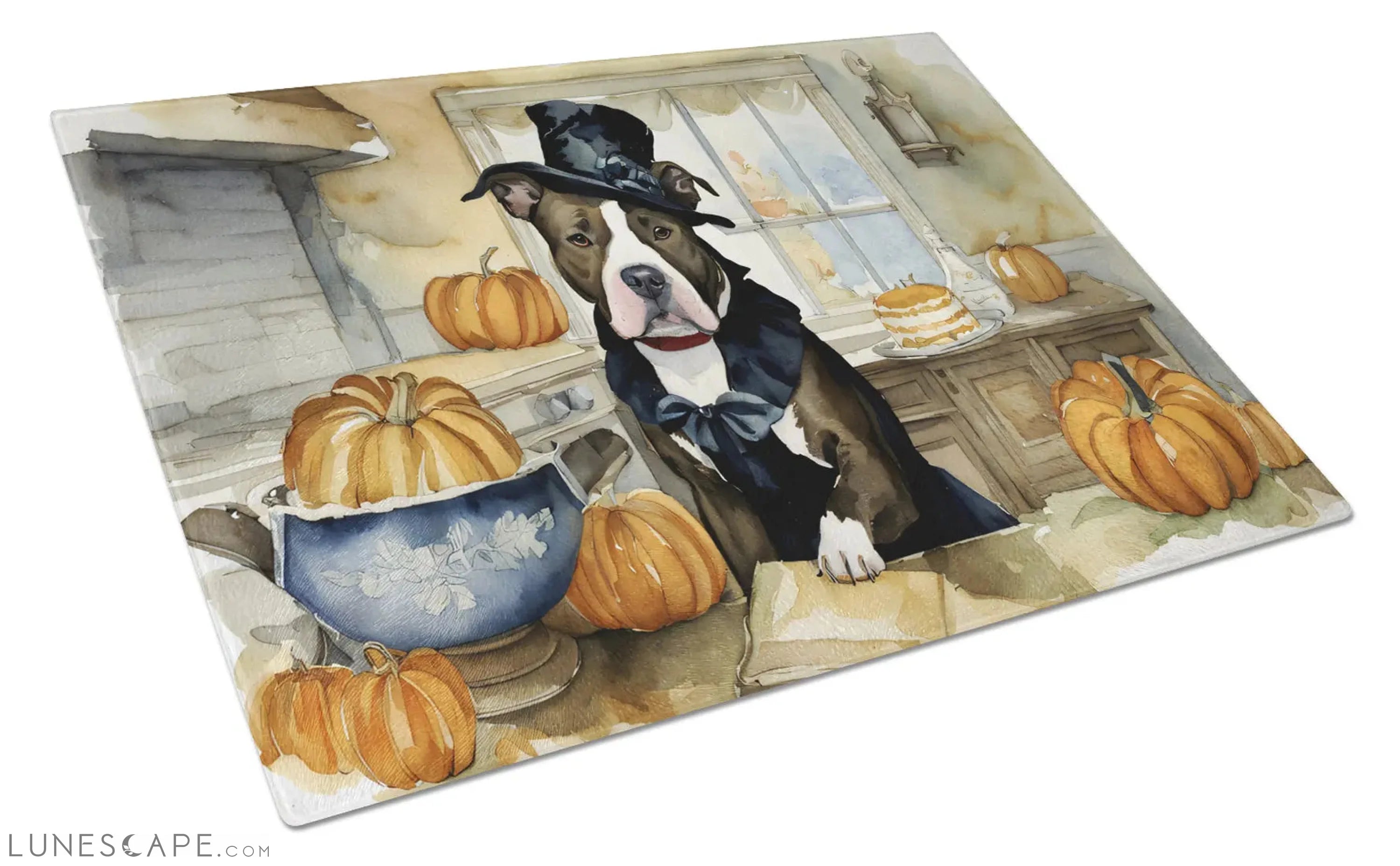 Pit Bull Terrier Thanksgiving Fall Kitchen Pumpkins Glass Cutting Board LUNESCAPE