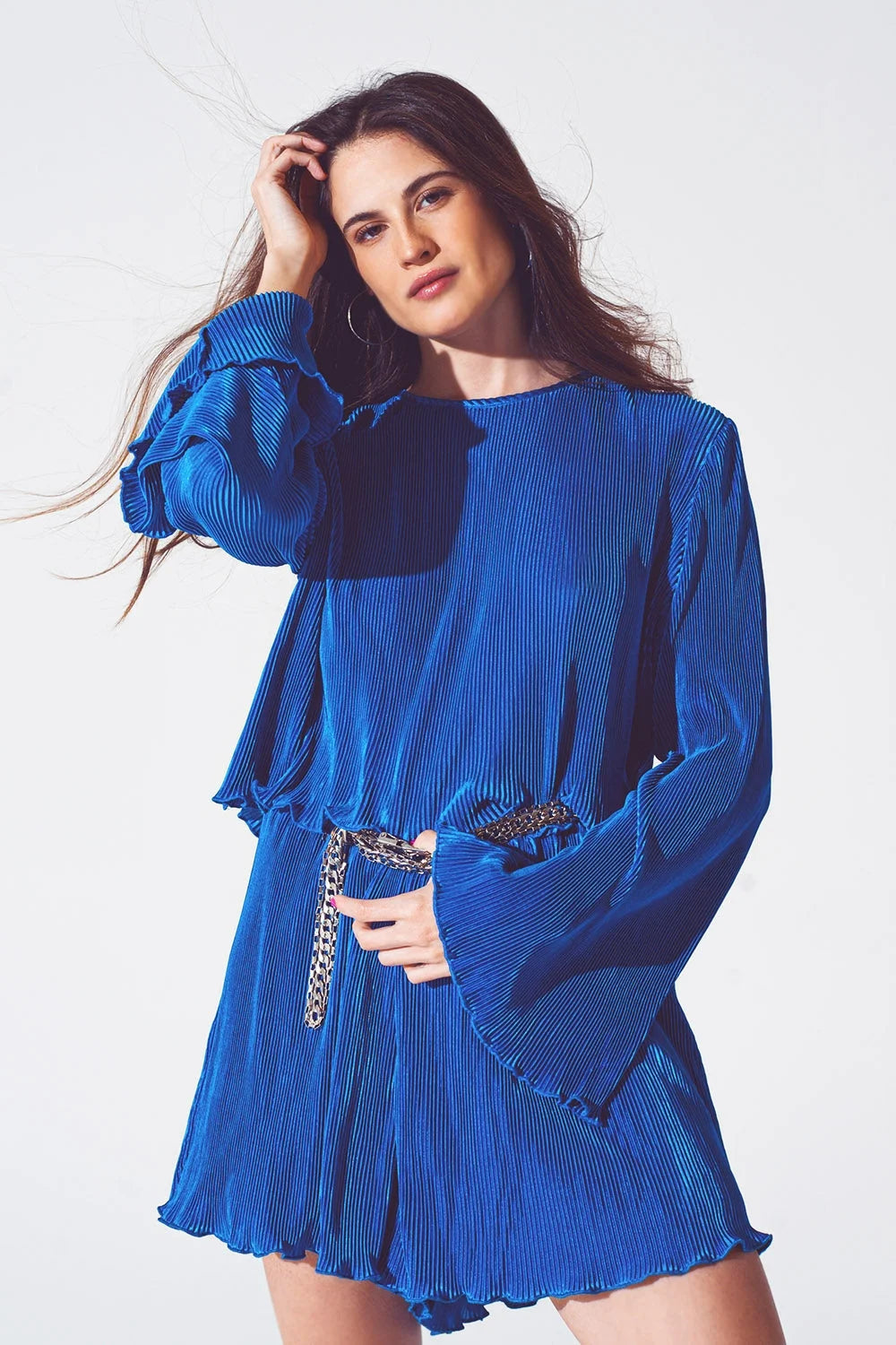 Pleated Round Neck Crop Top in Blue LUNESCAPE