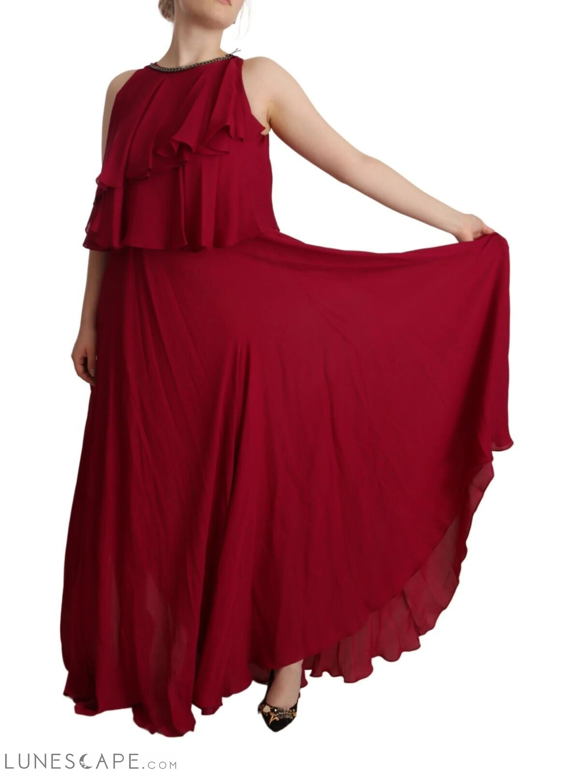 PLEIN SUD Elegant Silk Sleeveless Ruffled Maxi Dress LUNESCAPE