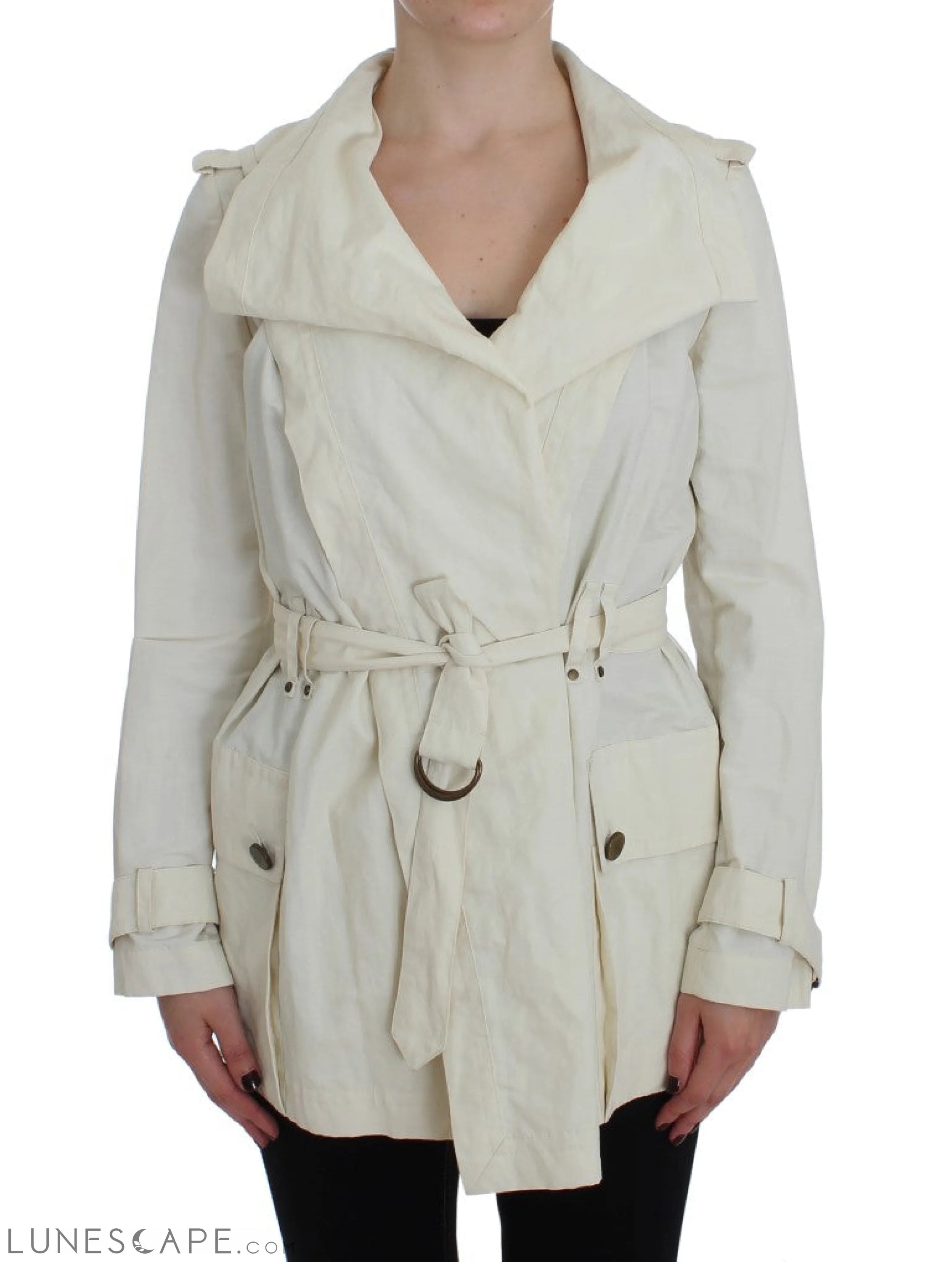 PLEIN SUD Elegant White Wrap Trench Jacket LUNESCAPE