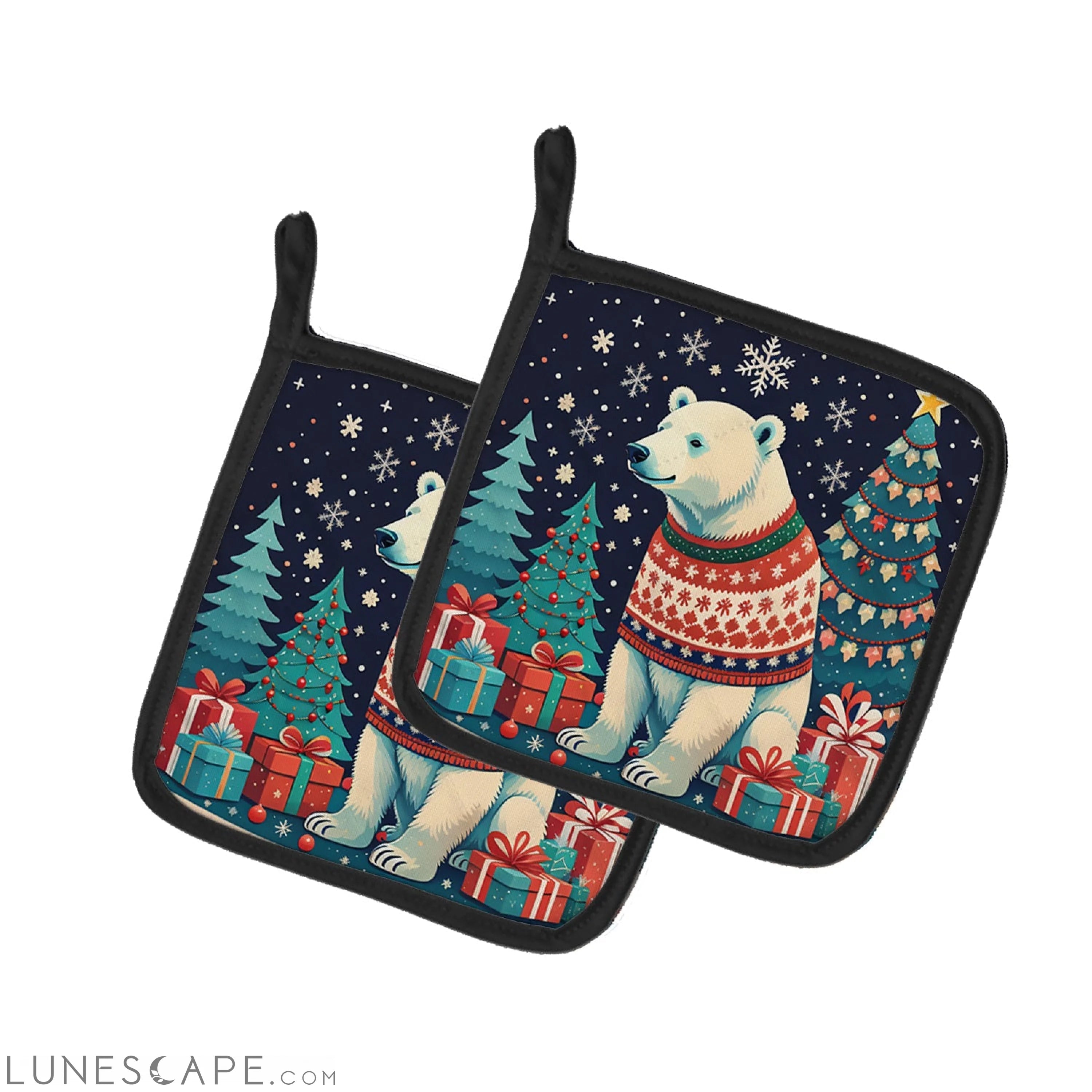 Polar Bear Christmas Pair of Pot Holders LUNESCAPE