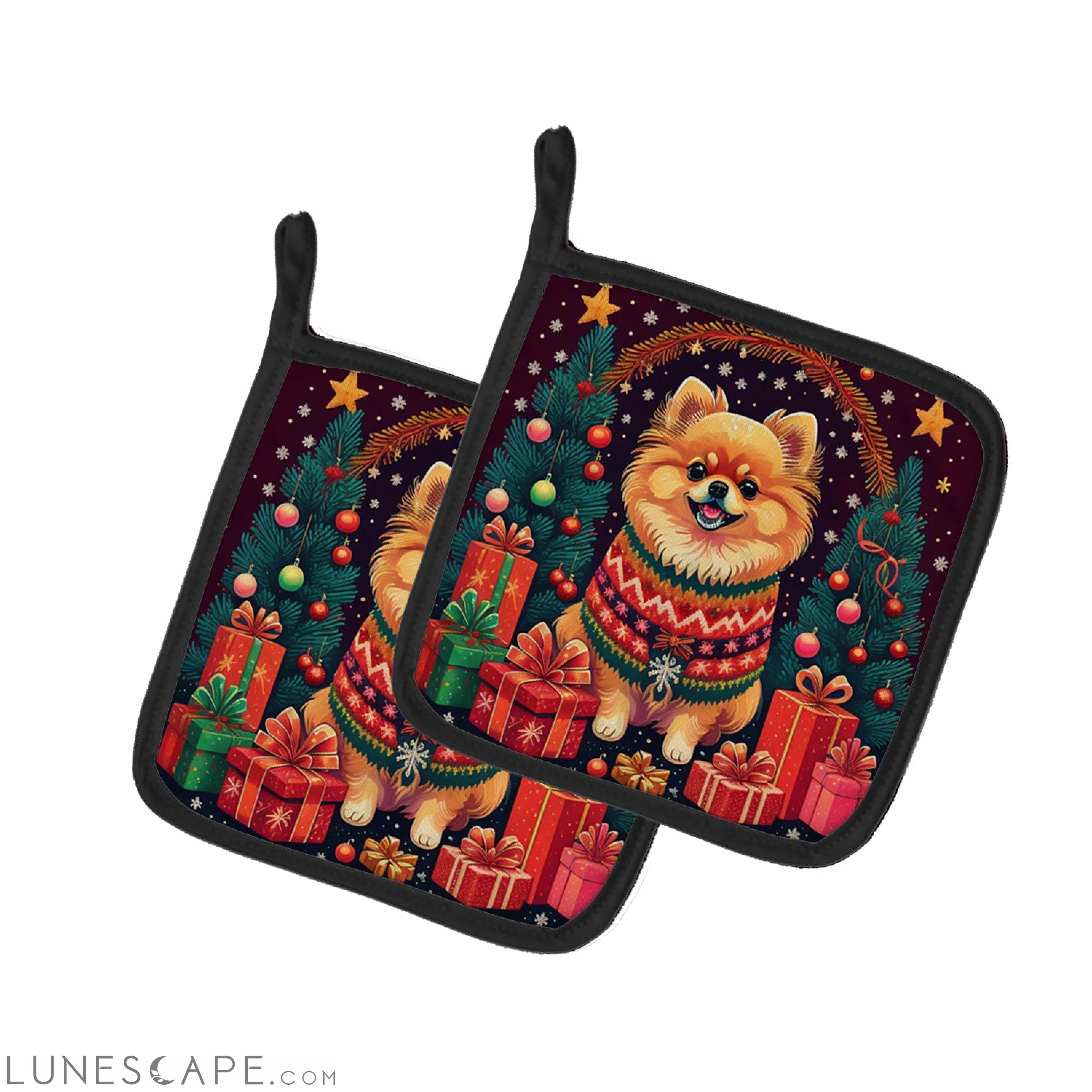 Pomeranian Christmas Pair of Pot Holders LUNESCAPE