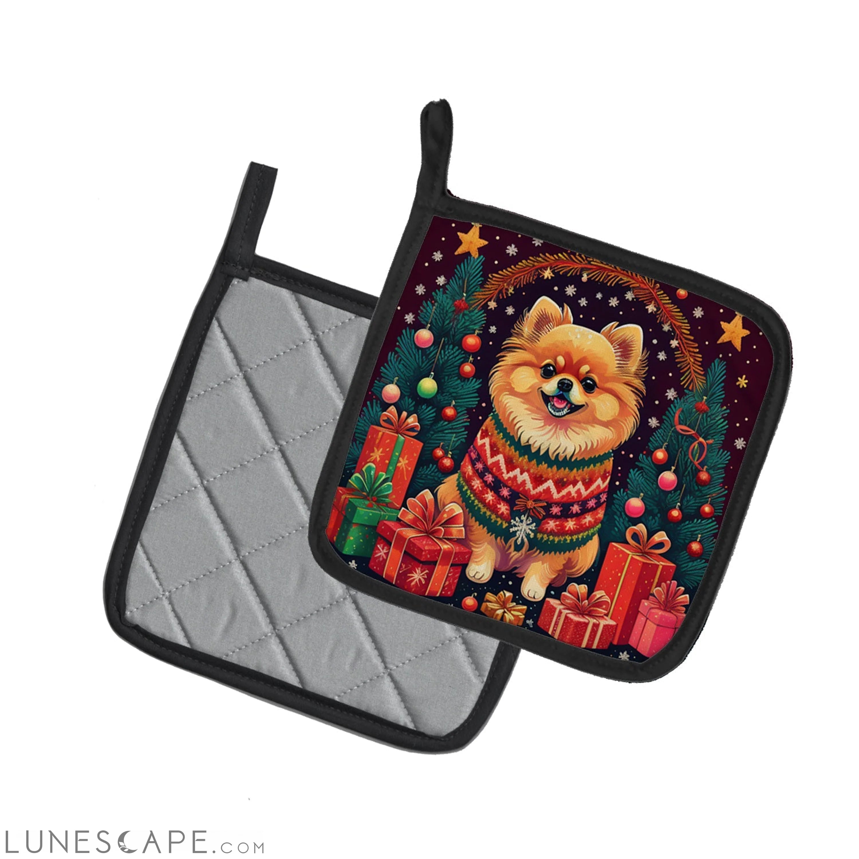 Pomeranian Christmas Pair of Pot Holders LUNESCAPE