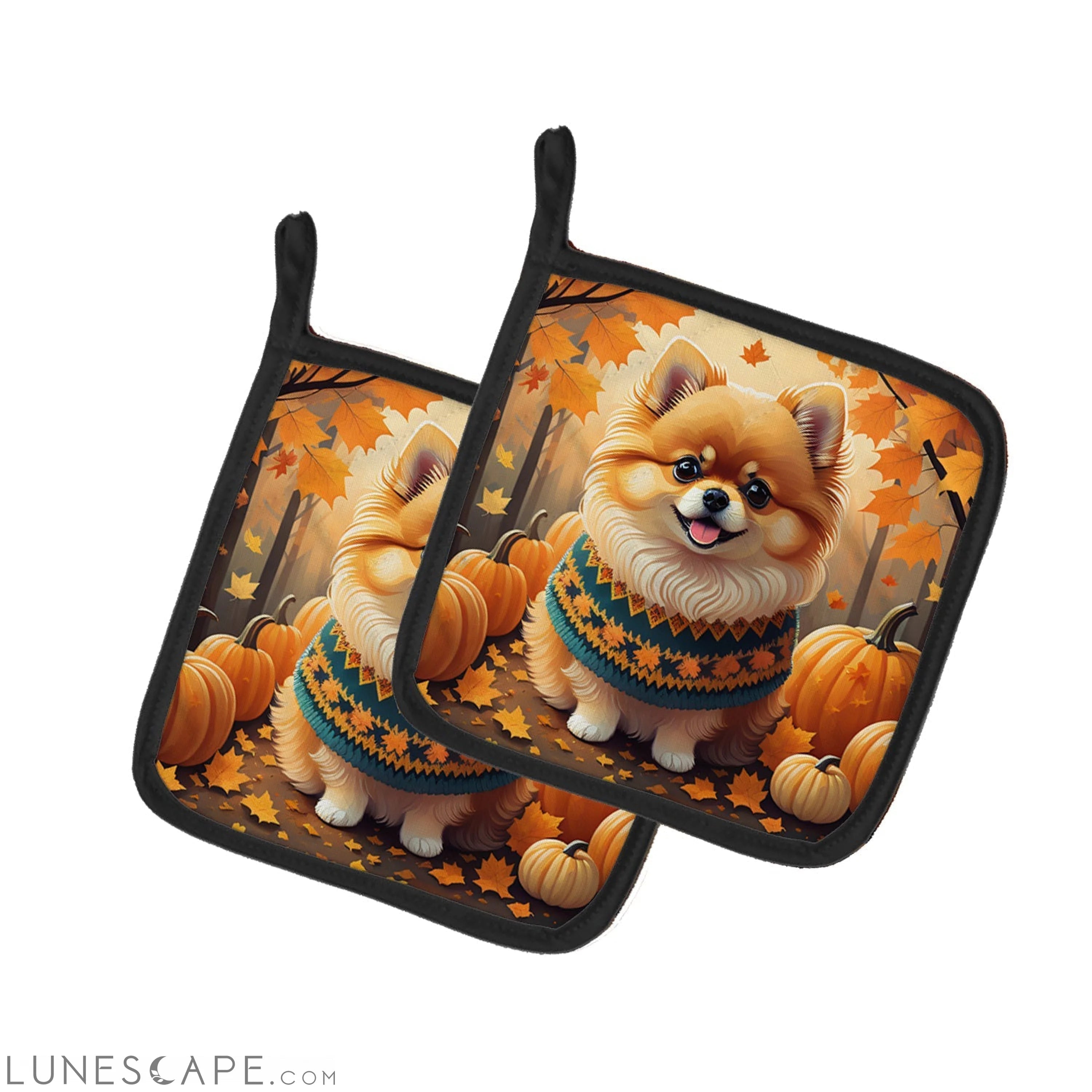 Pomeranian Fall Pair of Pot Holders LUNESCAPE