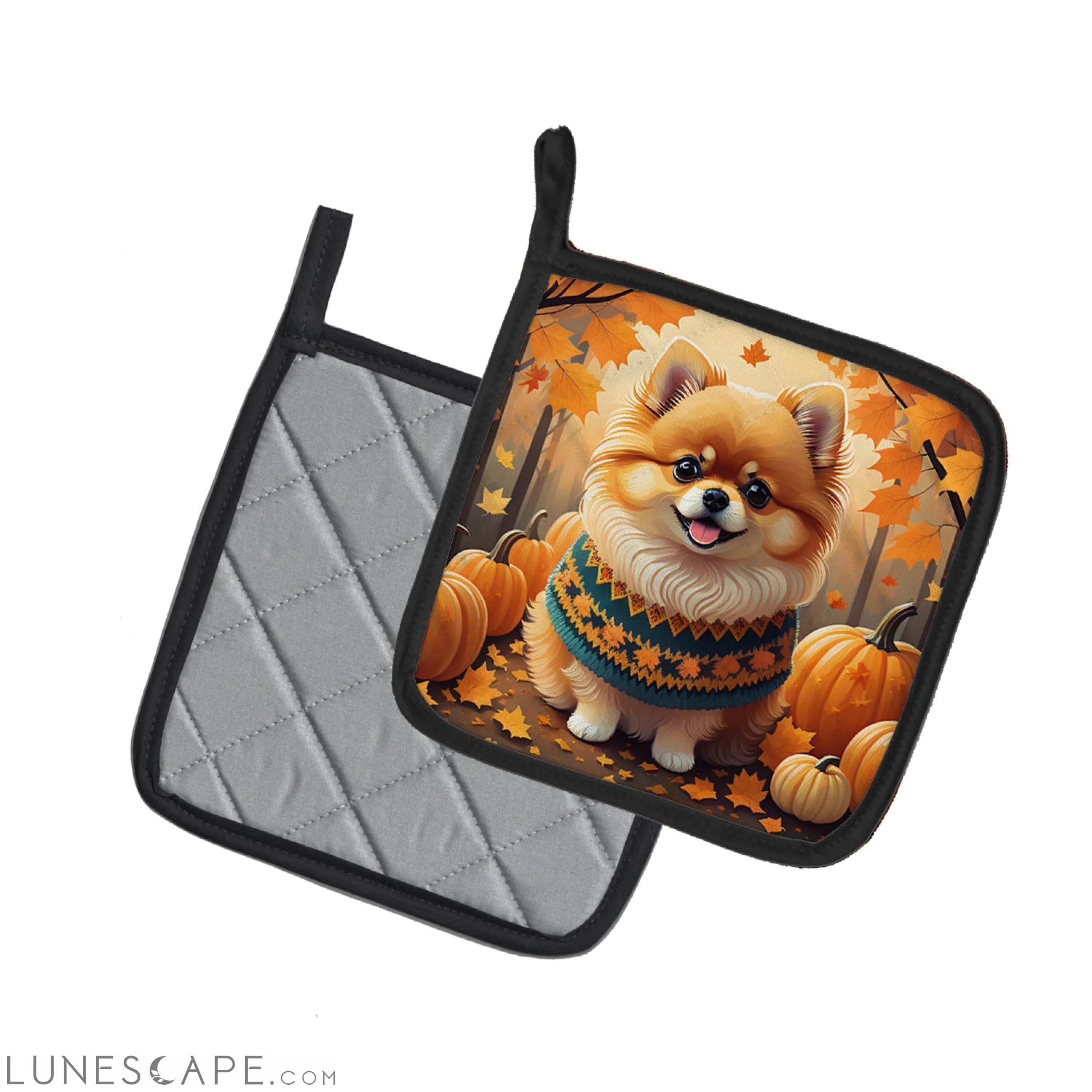 Pomeranian Fall Pair of Pot Holders LUNESCAPE