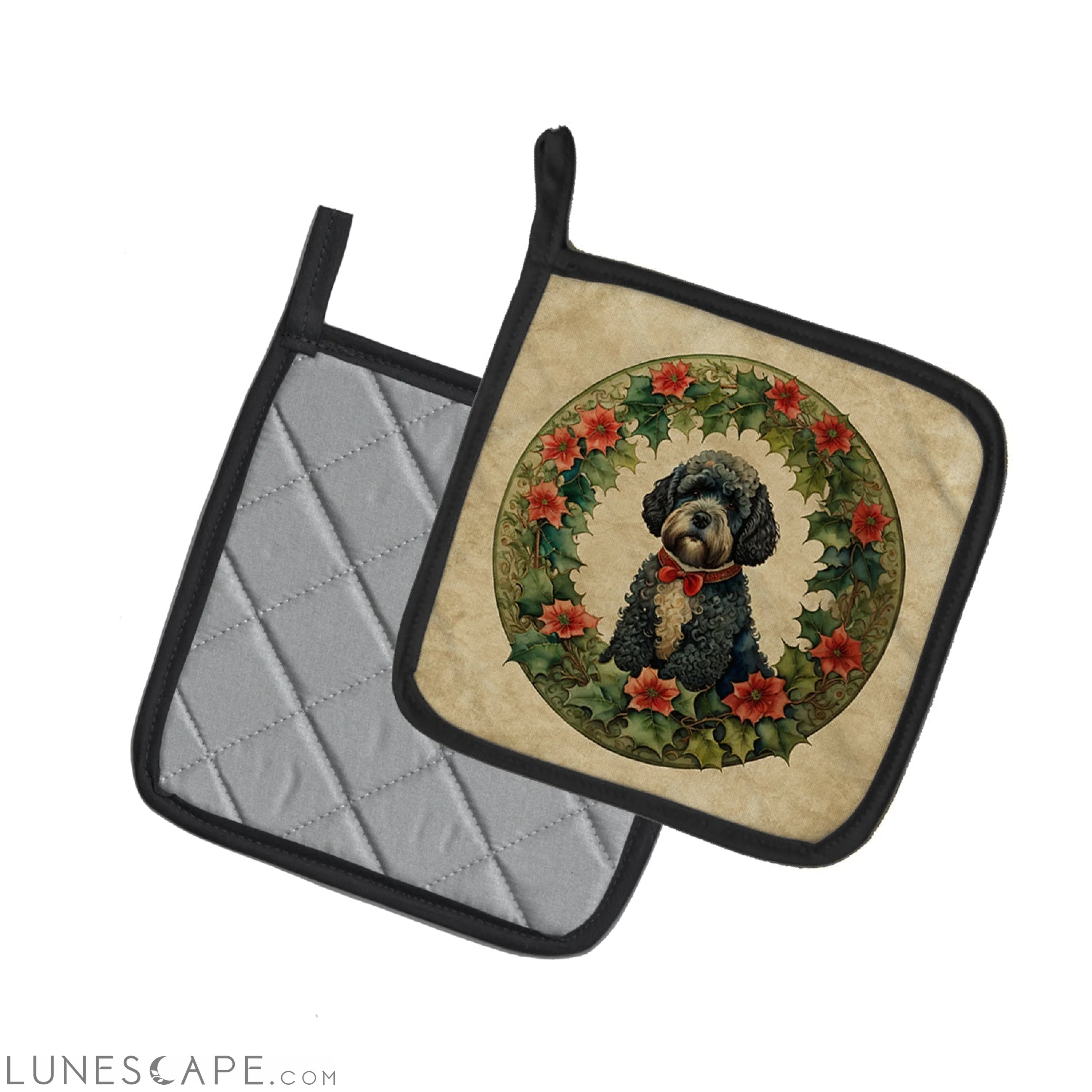 Portuguese Water Dog Christmas Flowers Pair of Pot Holders LUNESCAPE