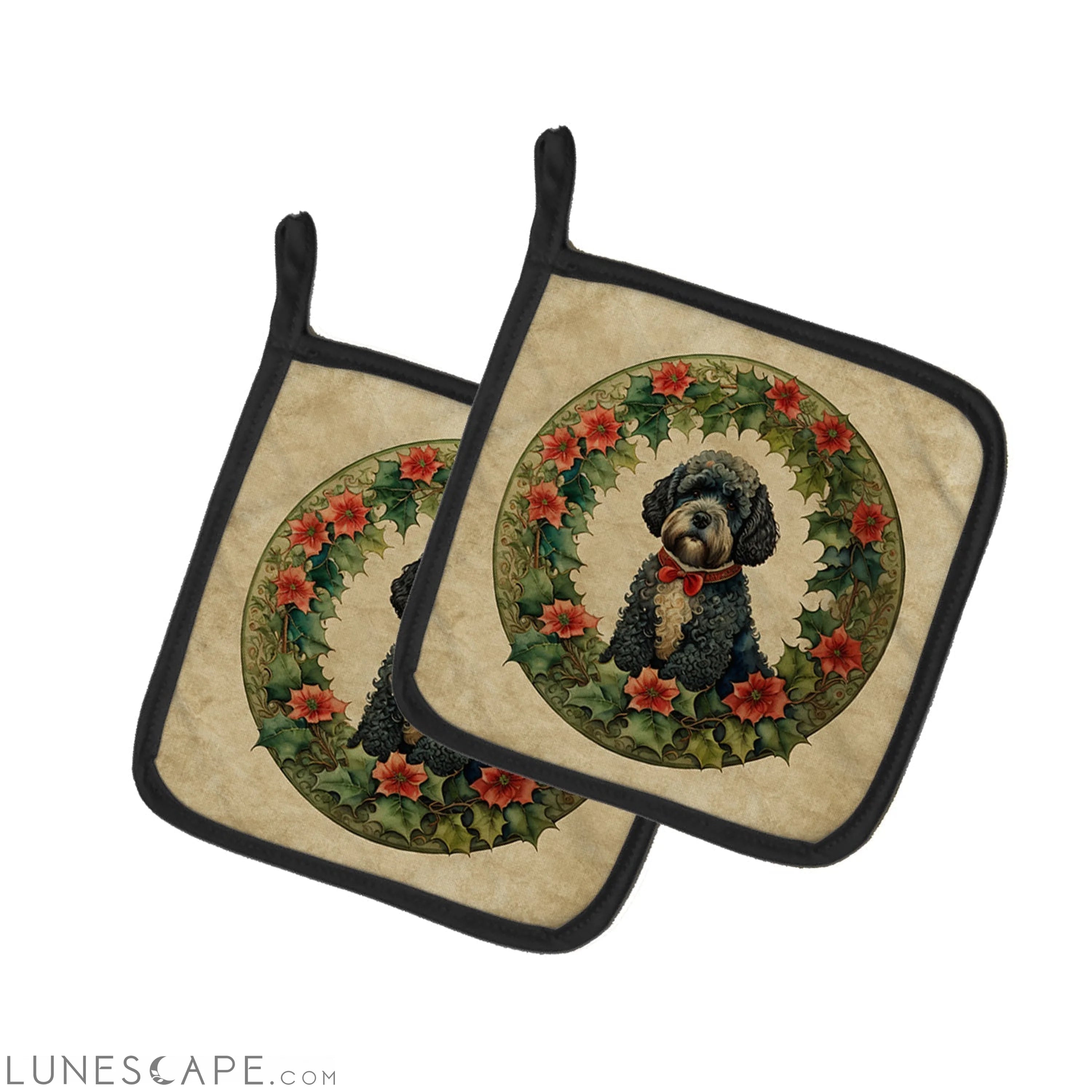 Portuguese Water Dog Christmas Flowers Pair of Pot Holders LUNESCAPE