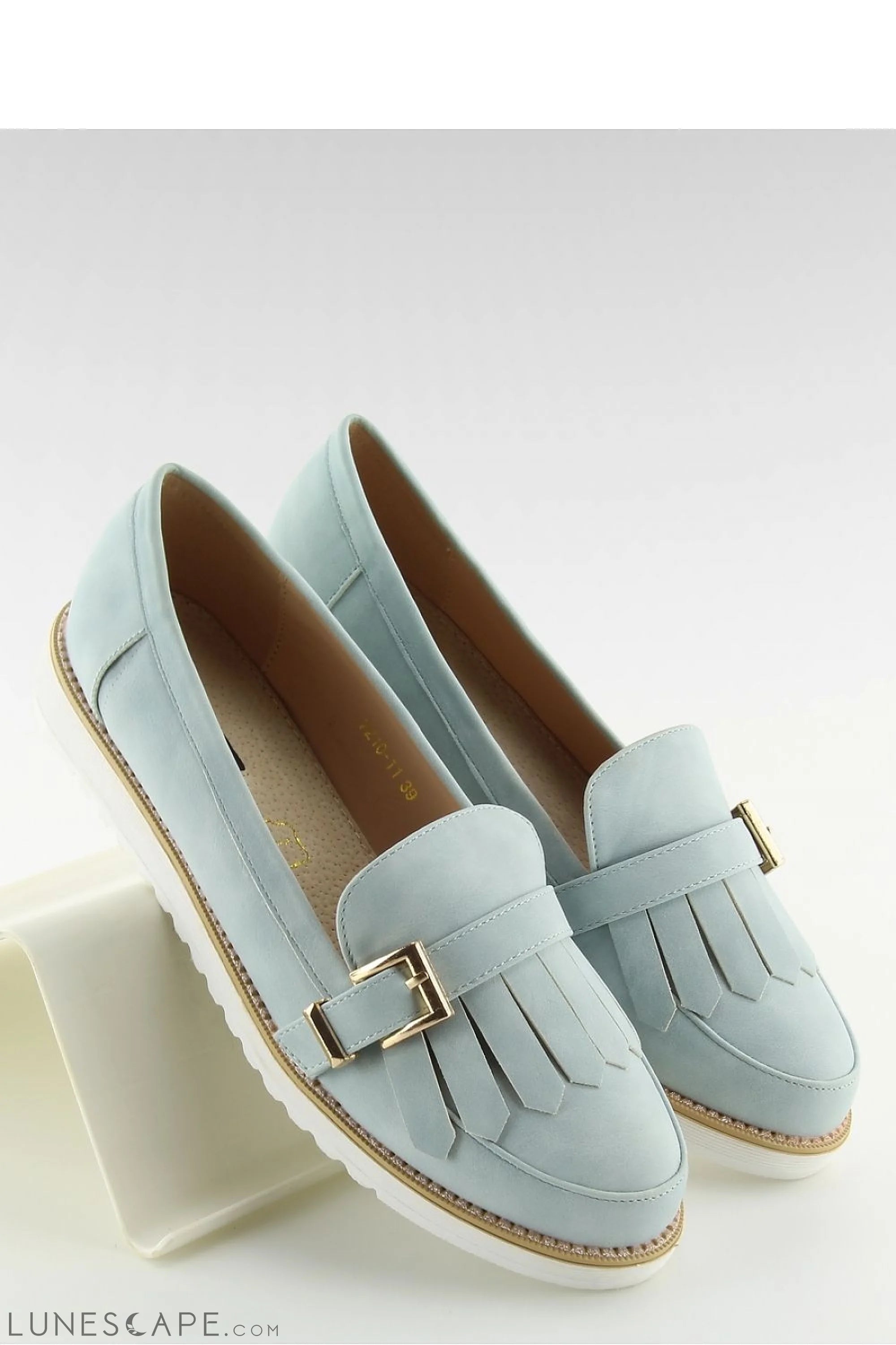 Powder Blue Women's Fringed Loafers–Almond Toe with Kiltie Buckle and White Sole LUNESCAPE
