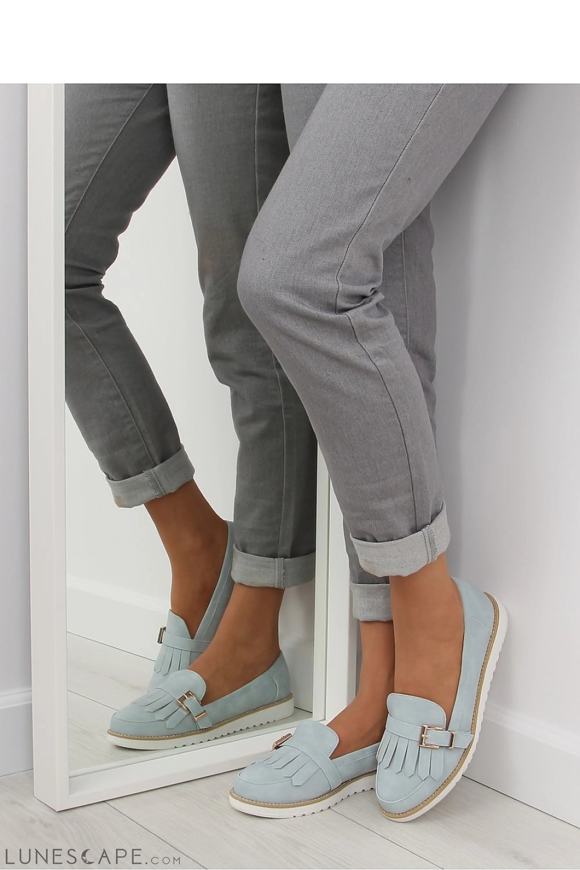Powder Blue Women's Fringed Loafers–Almond Toe with Kiltie Buckle and White Sole LUNESCAPE