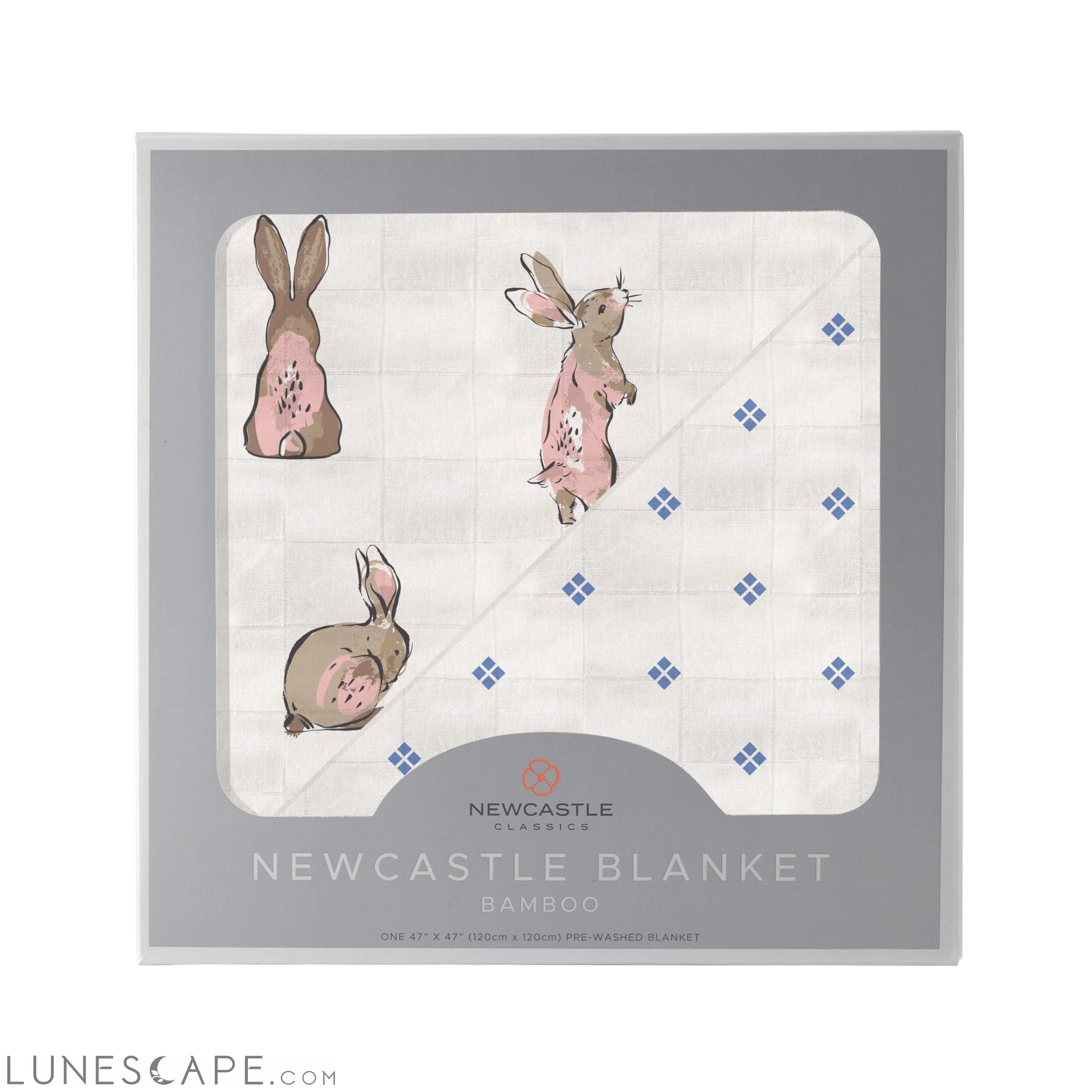 Powder Pink Bunnies and Periwinkle Diamond Polka Dot Bamboo Newcastle Blanket LUNESCAPE