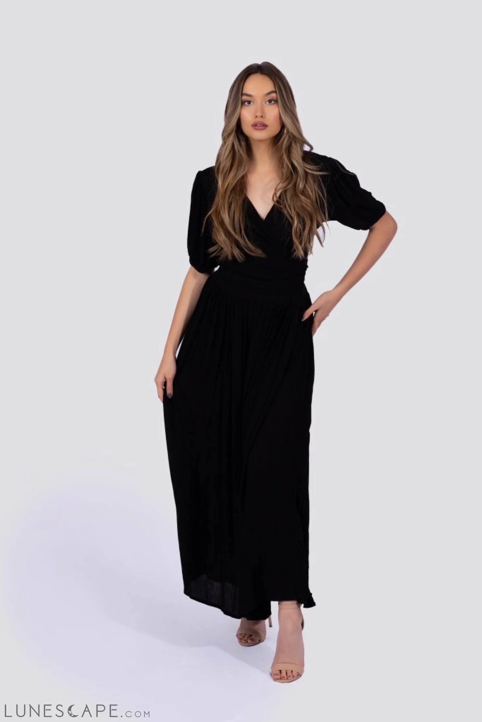 Puff Sleeve Wrap Top - Black LUNESCAPE