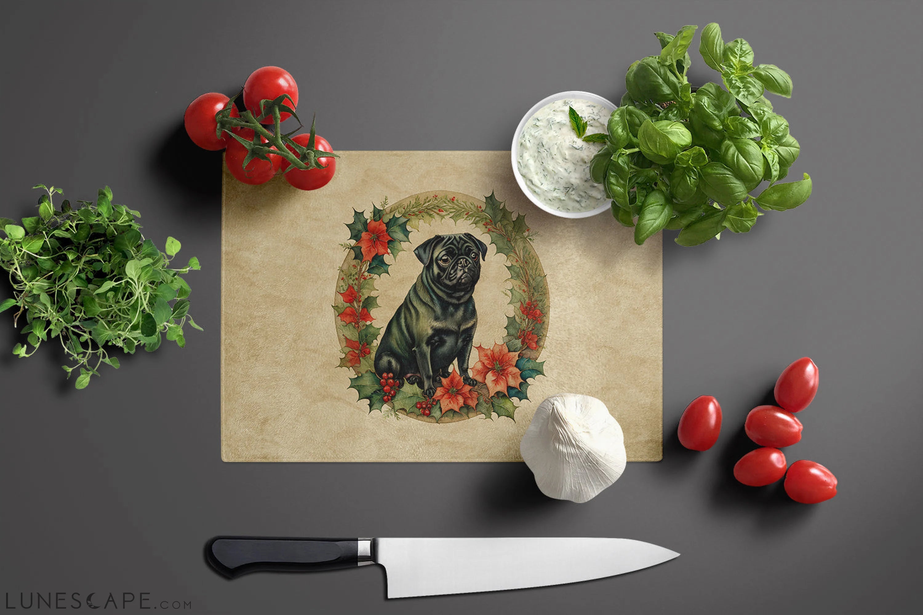Pug Christmas Flowers Glass Cutting Board LUNESCAPE