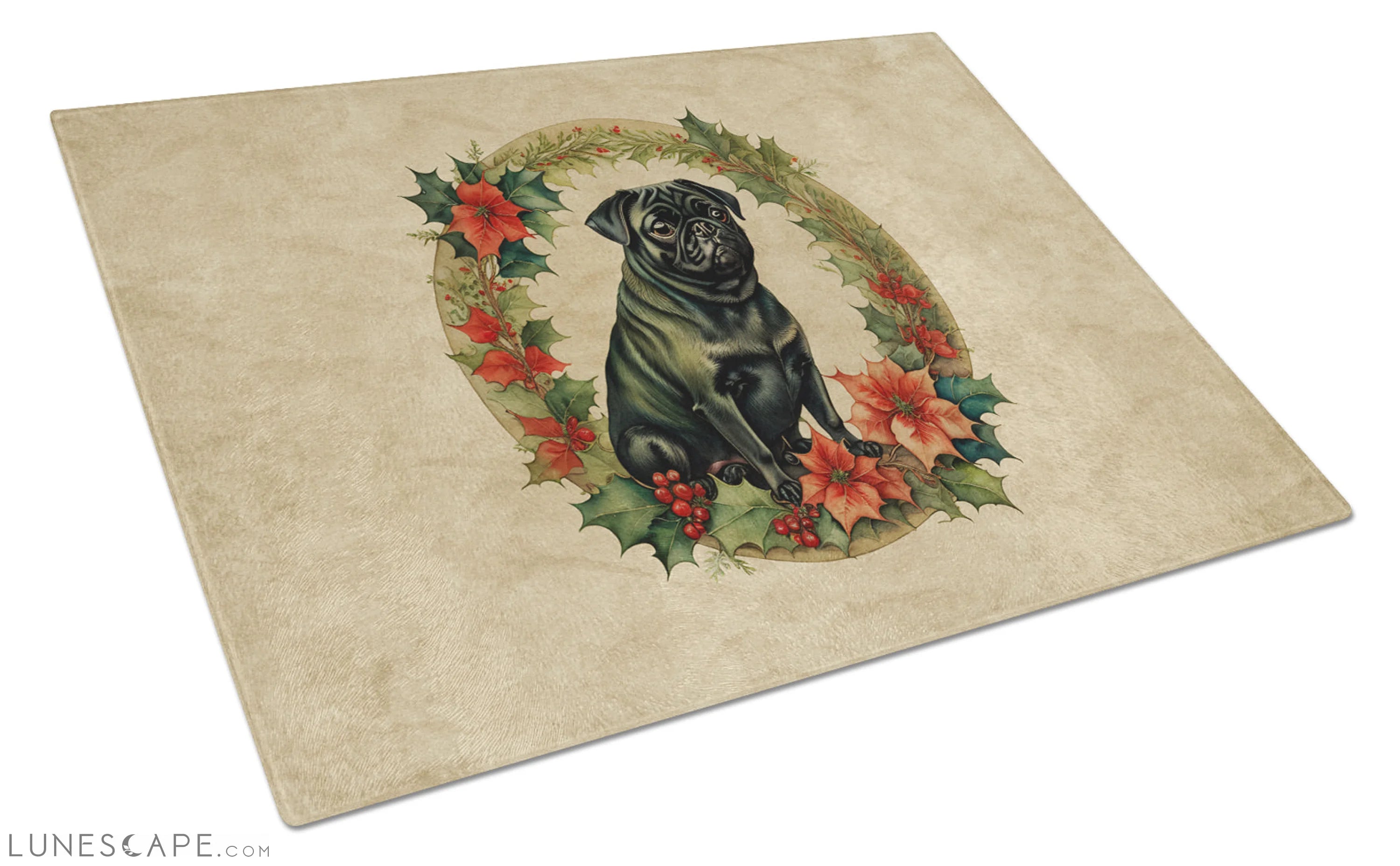 Pug Christmas Flowers Glass Cutting Board LUNESCAPE
