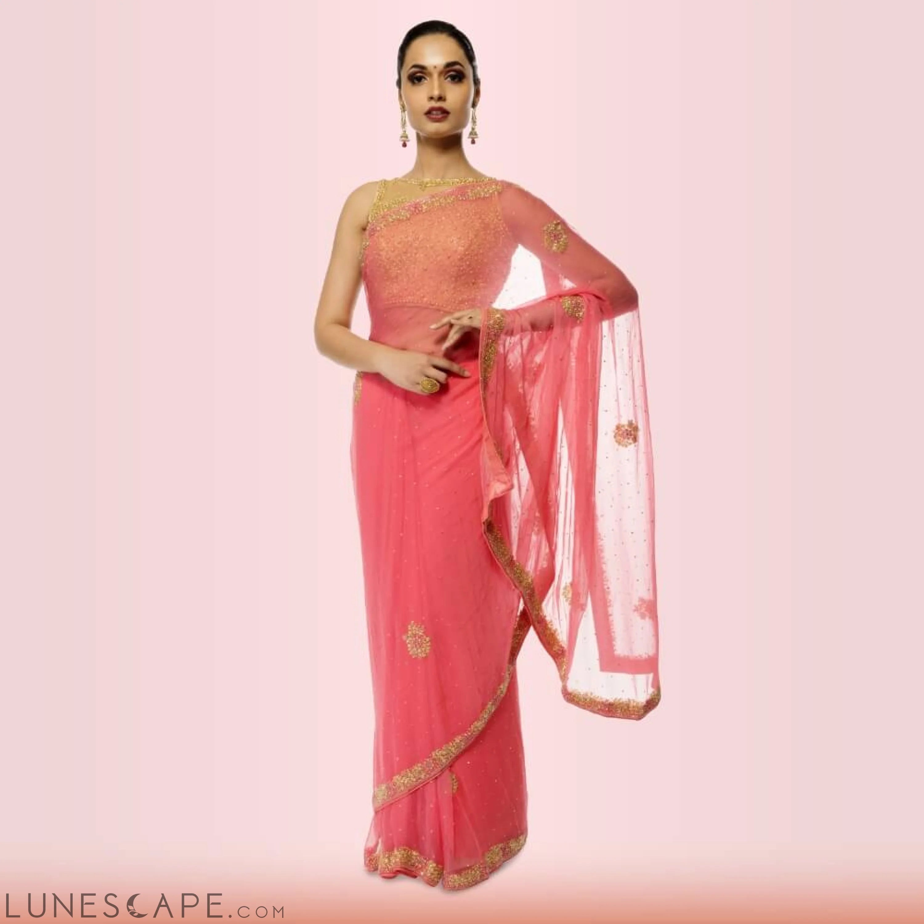 Pure Chiffon Bead-Work Saree - Pink LUNESCAPE
