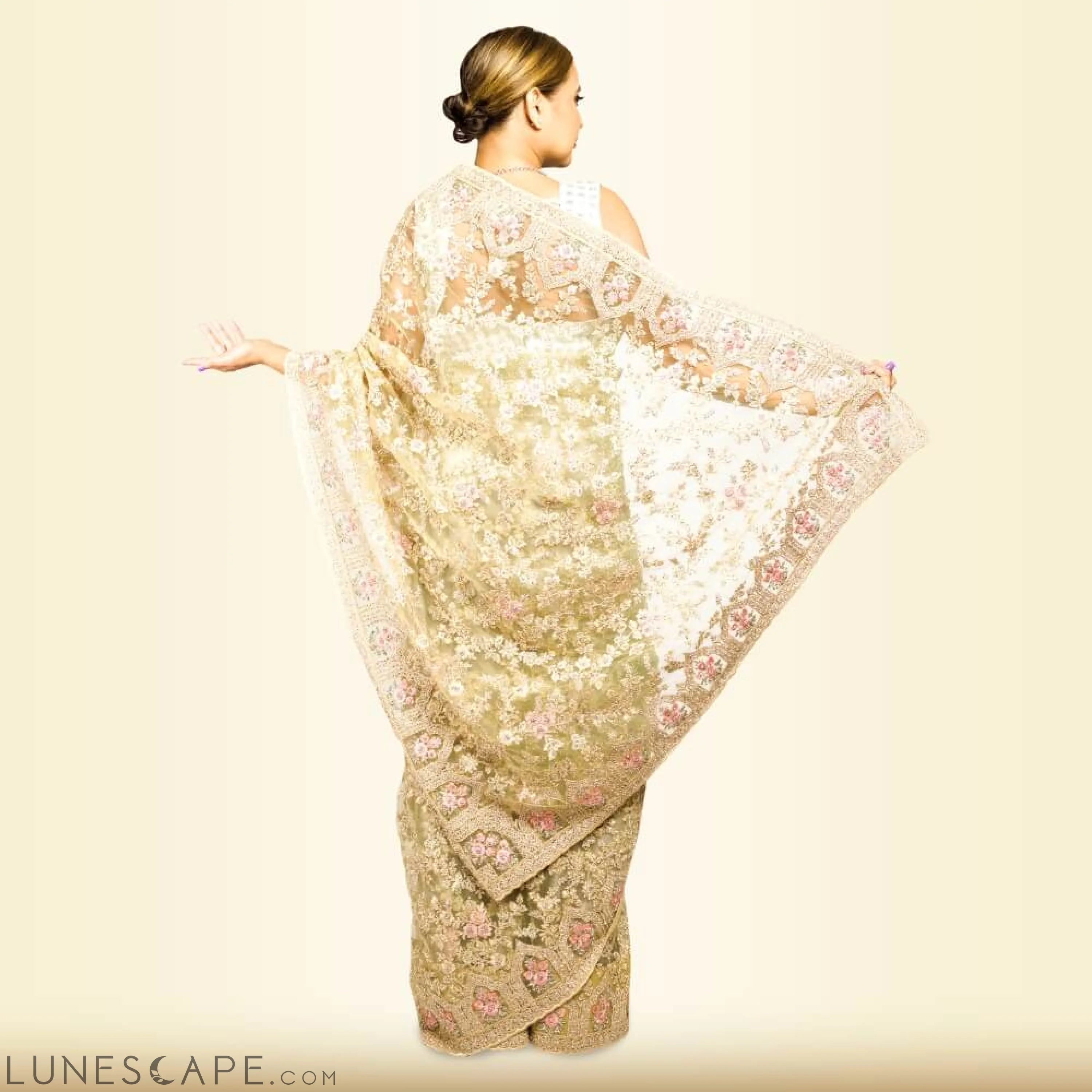 Pure Net Heavy Embroidered Wedding Saree - Biege LUNESCAPE