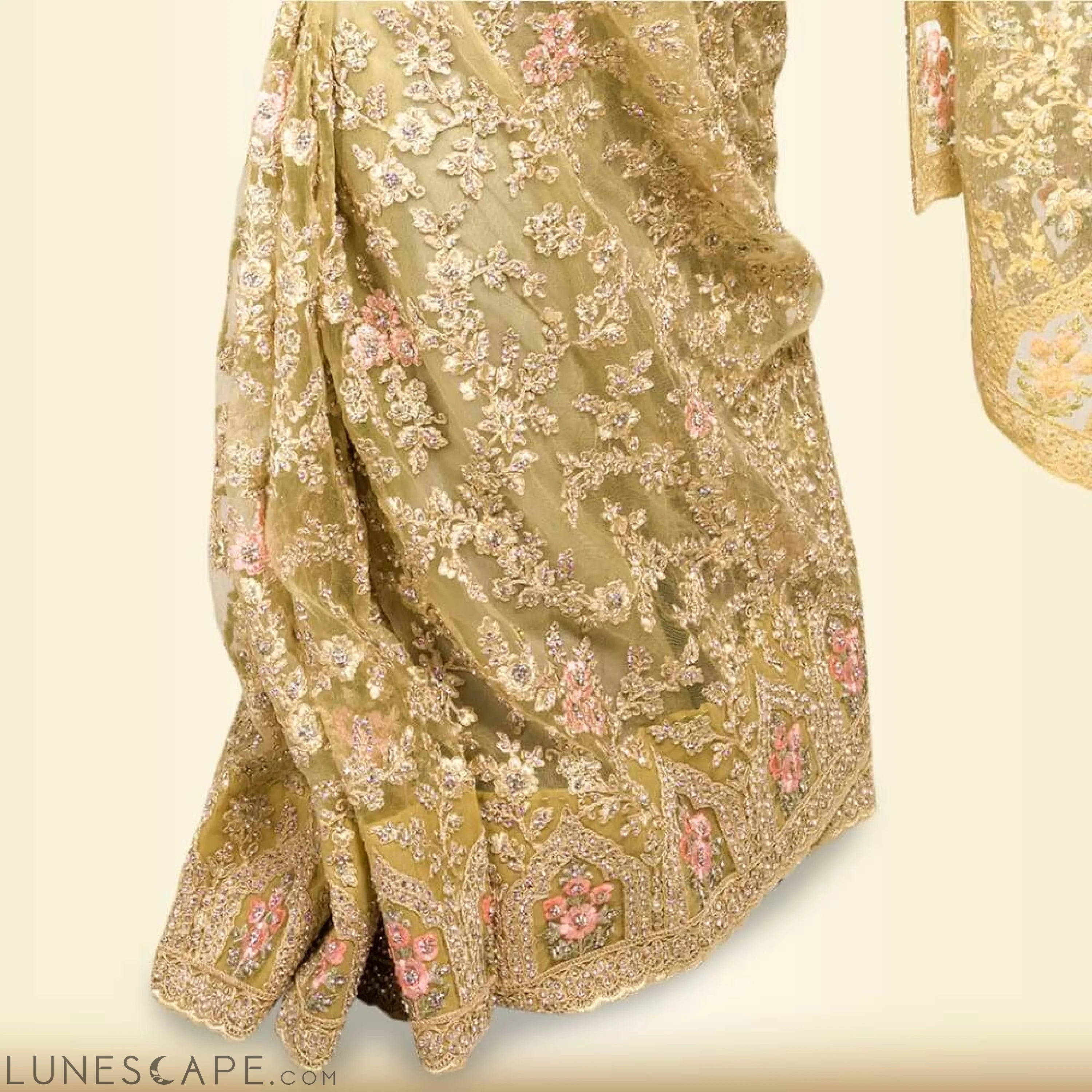 Pure Net Heavy Embroidered Wedding Saree - Biege LUNESCAPE