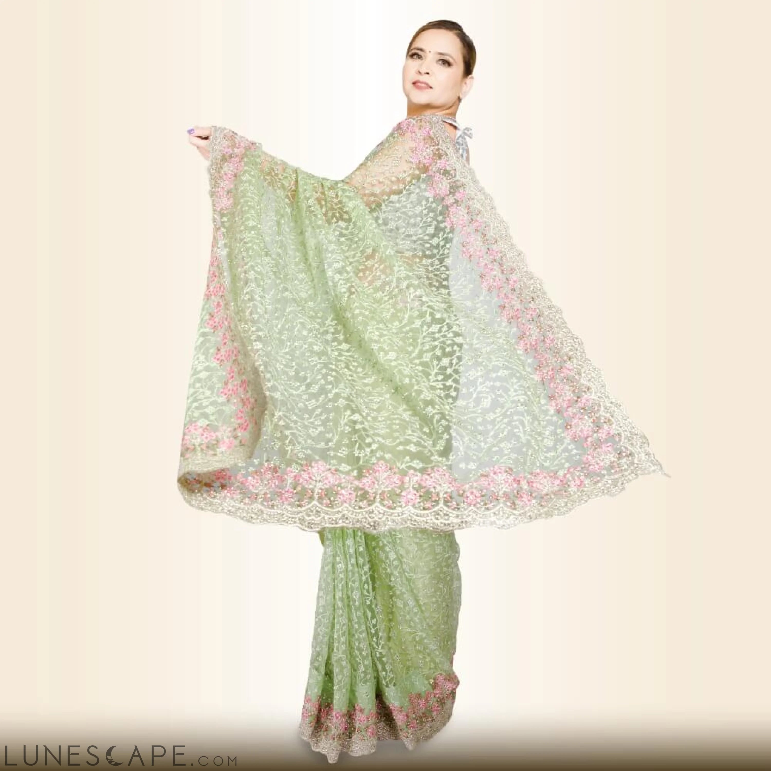 Pure Net Indian Saree - Green LUNESCAPE