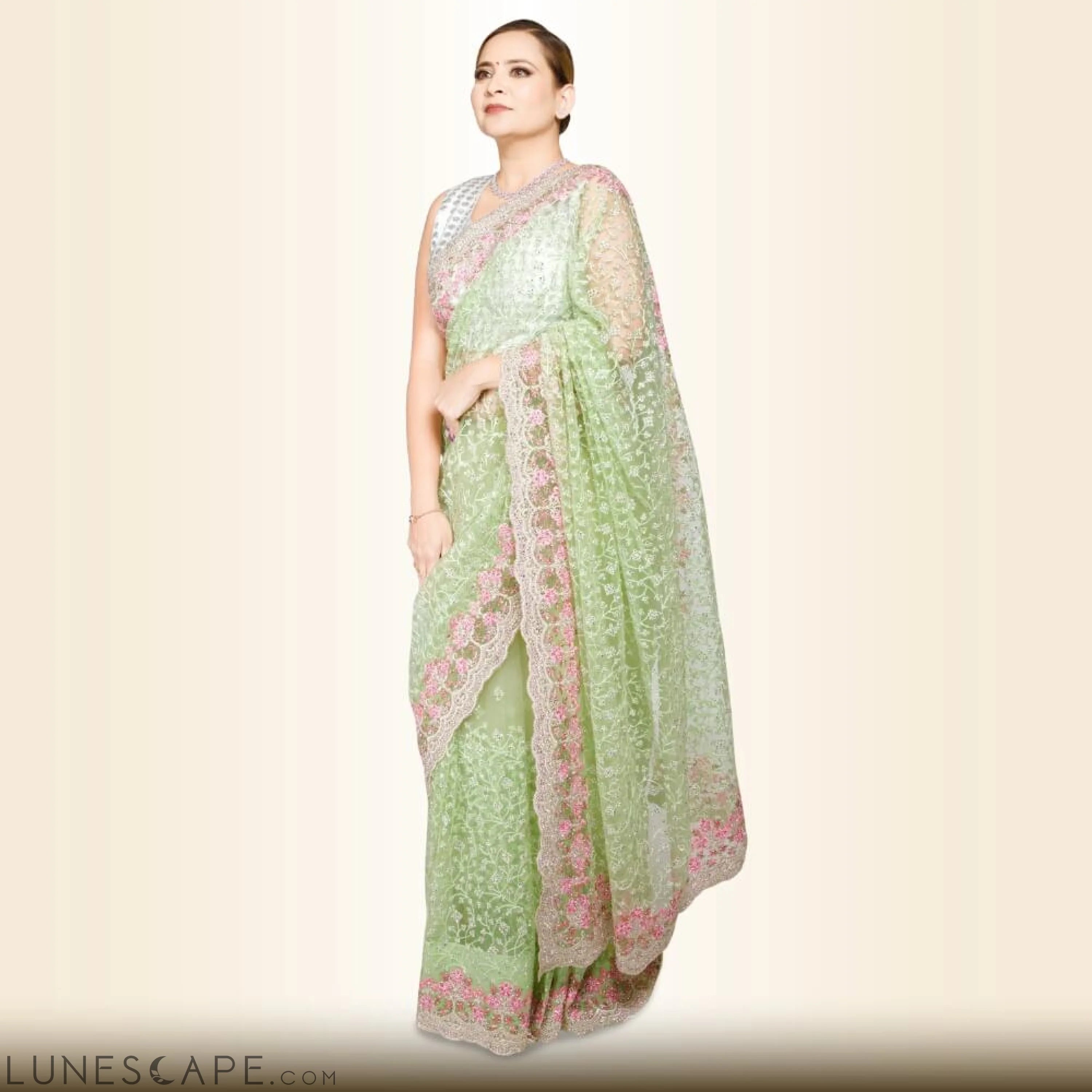 Pure Net Indian Saree - Green LUNESCAPE