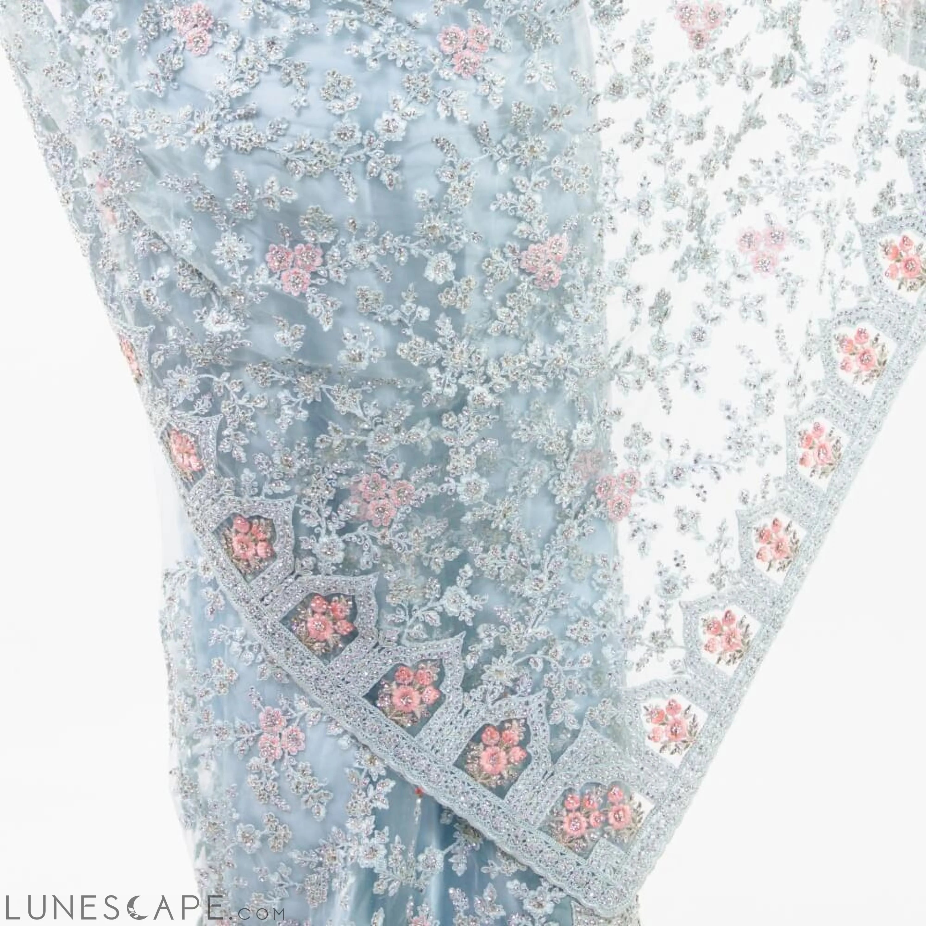 Pure Net Saree With Heavy Embroidery - Sky Blue LUNESCAPE