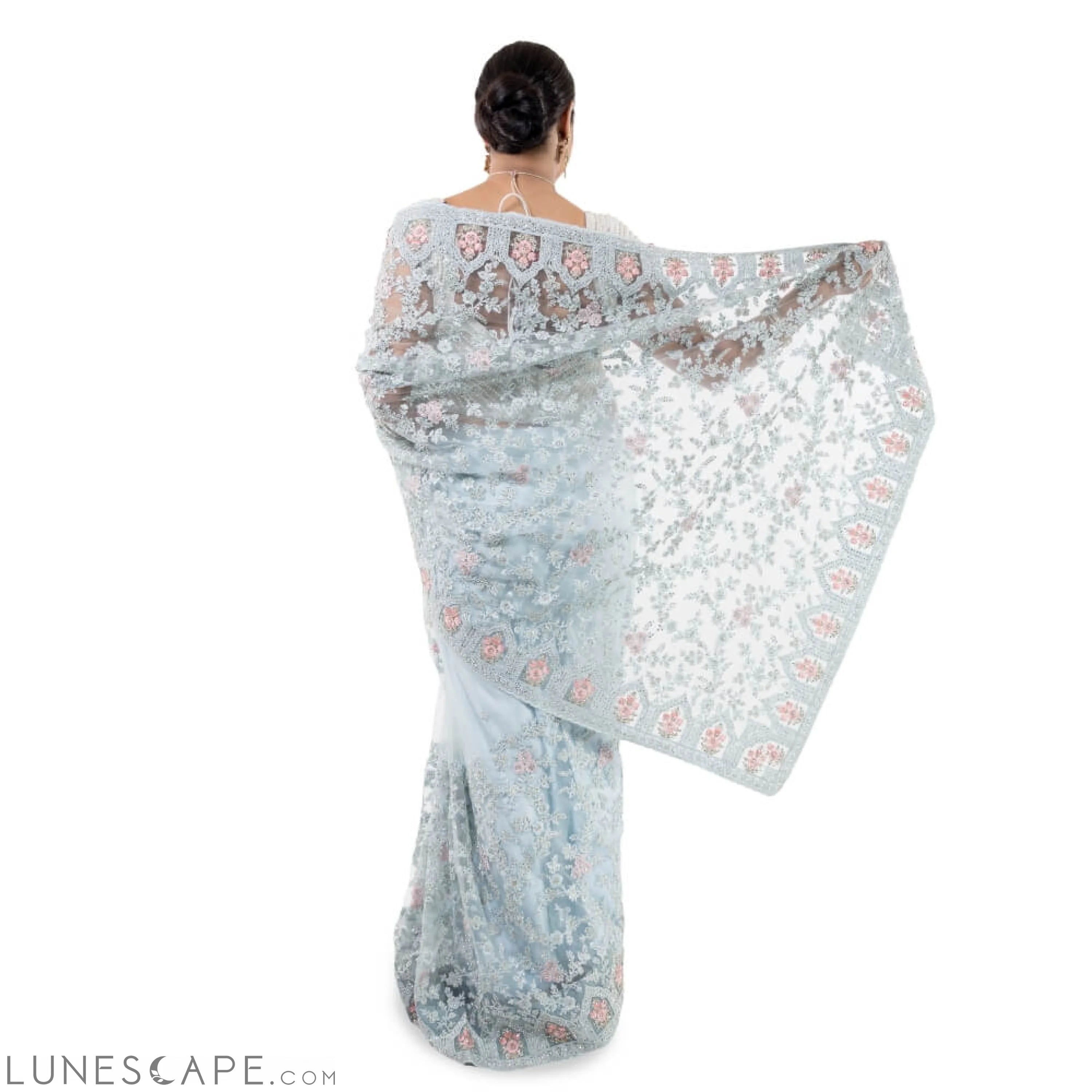 Pure Net Saree With Heavy Embroidery - Sky Blue LUNESCAPE