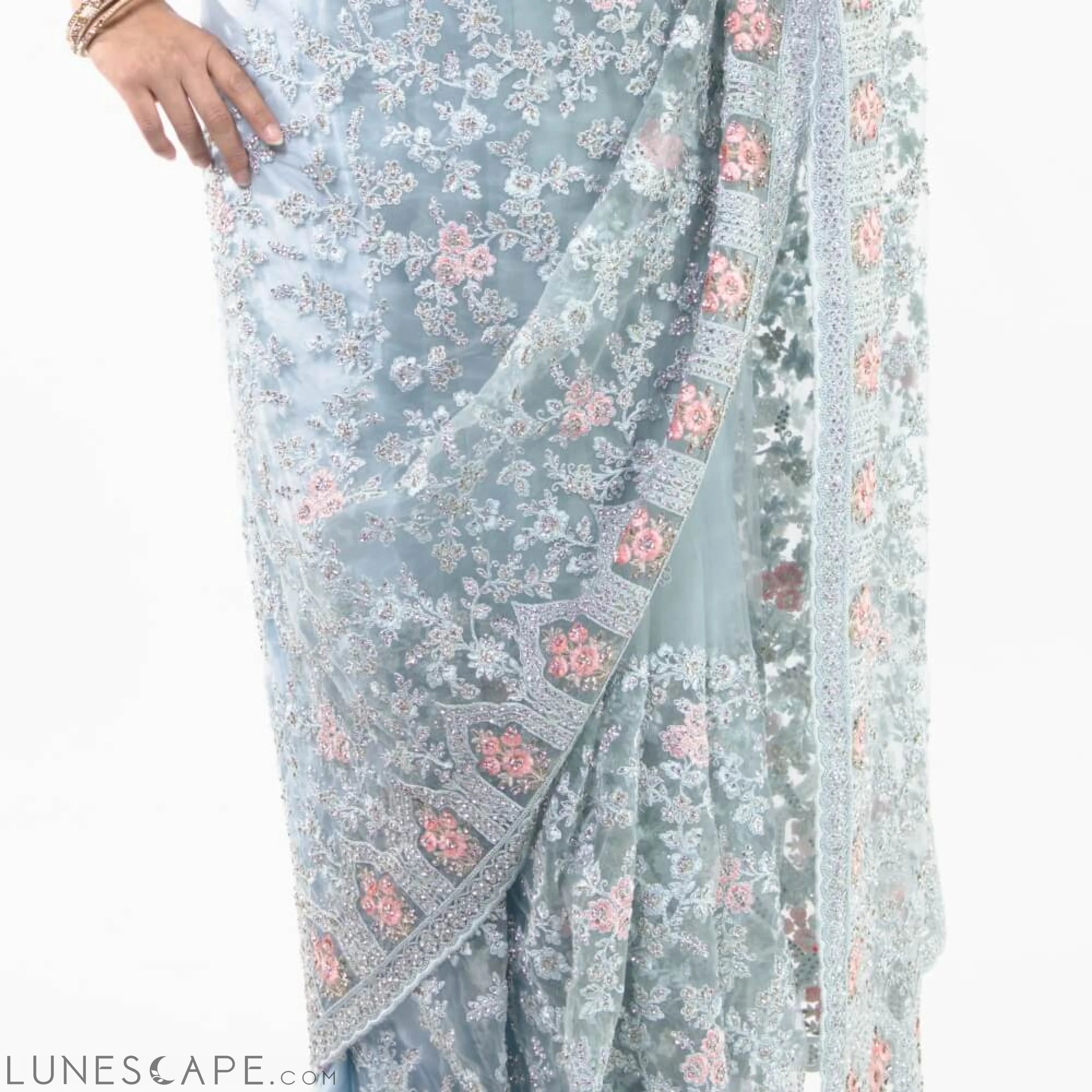 Pure Net Saree With Heavy Embroidery - Sky Blue LUNESCAPE