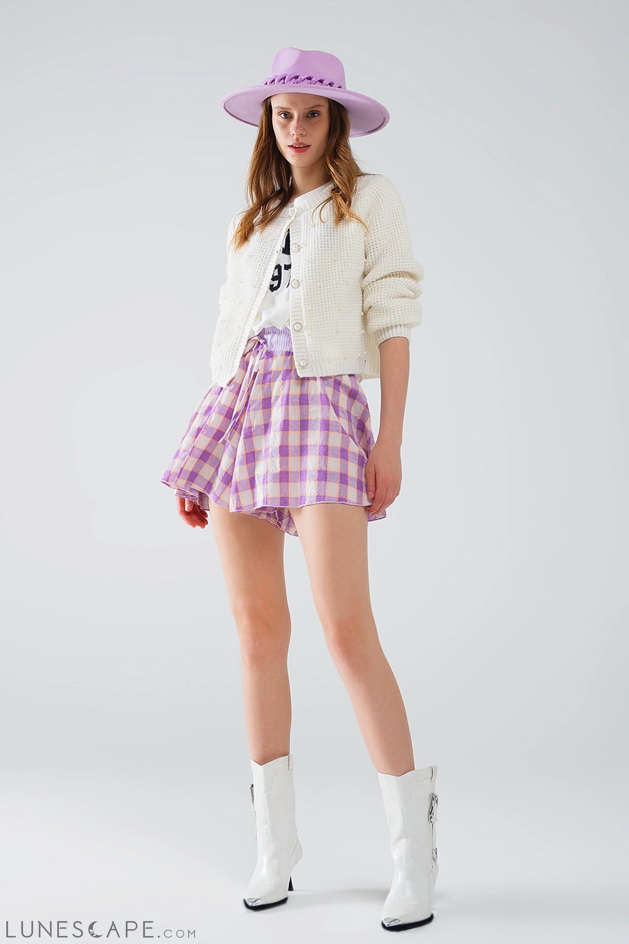 Purple Checkered Print Shorts With Tight-Fitting Waist Detail LUNESCAPE