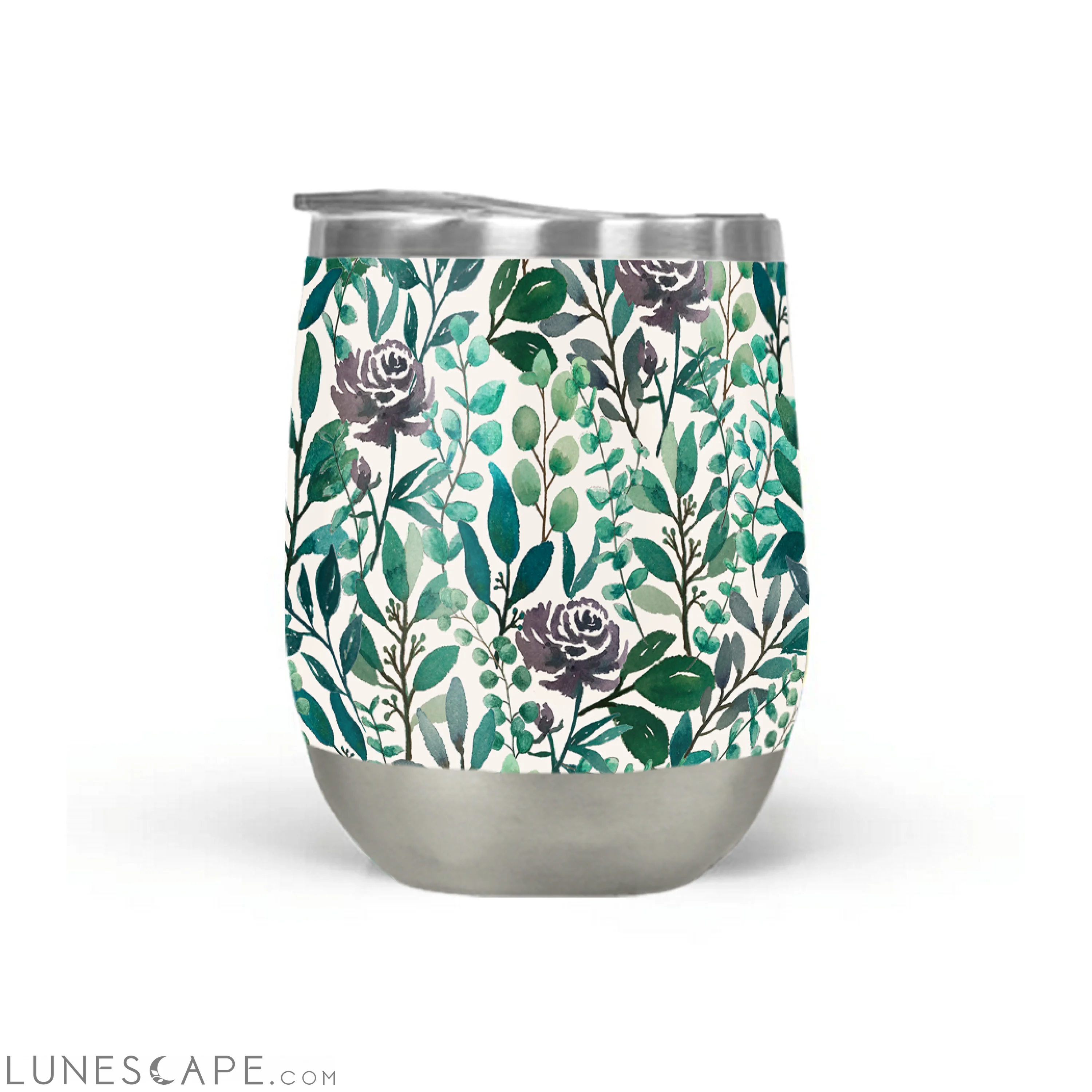 Purple Flowers and Eucalyptus Leaves Stemless Wine Tumbler LUNESCAPE