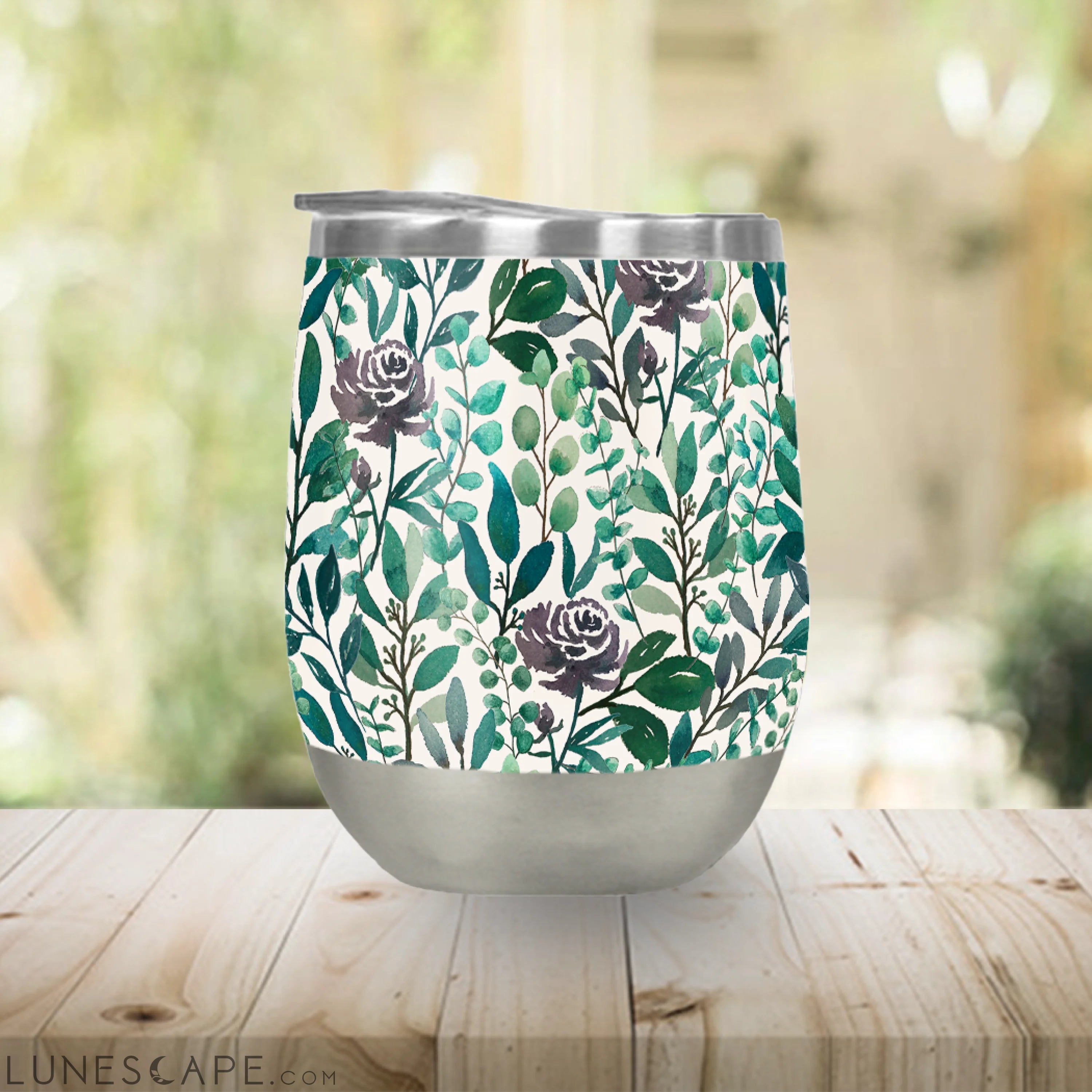 Purple Flowers and Eucalyptus Leaves Stemless Wine Tumbler LUNESCAPE