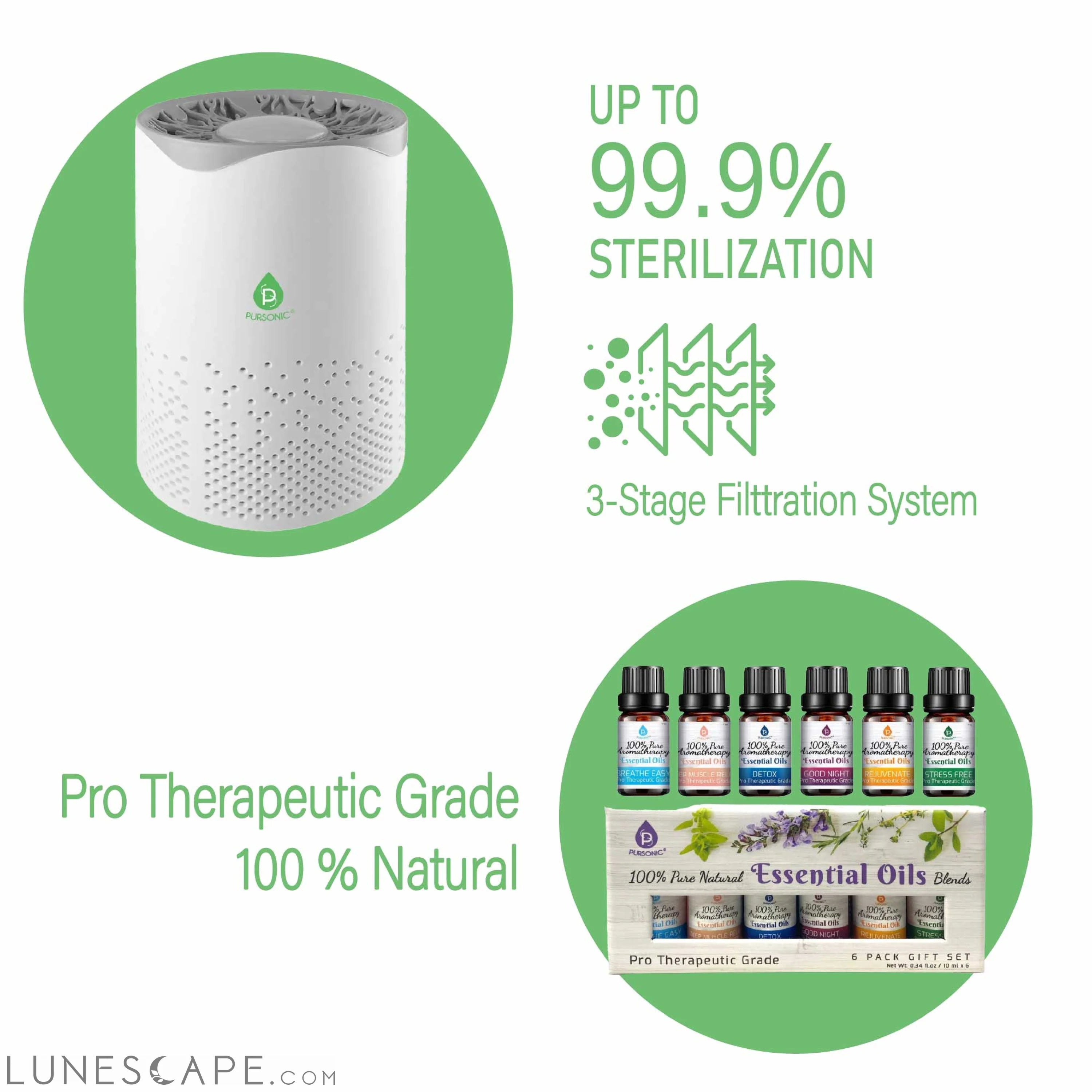 Pursonic Air Purifier with 6-Pack Premium Essential Oils Collection LUNESCAPE