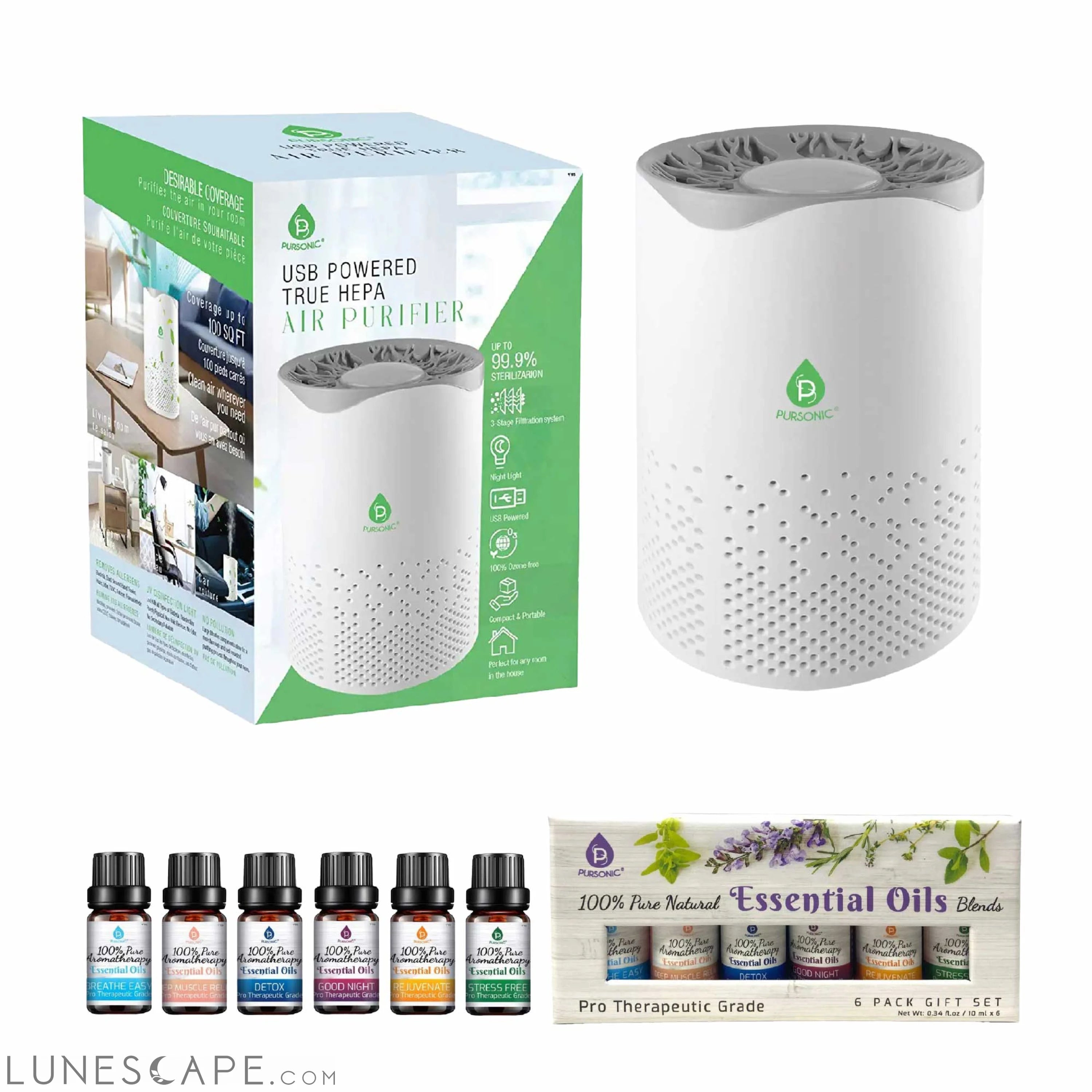Pursonic Air Purifier with 6-Pack Premium Essential Oils Collection LUNESCAPE