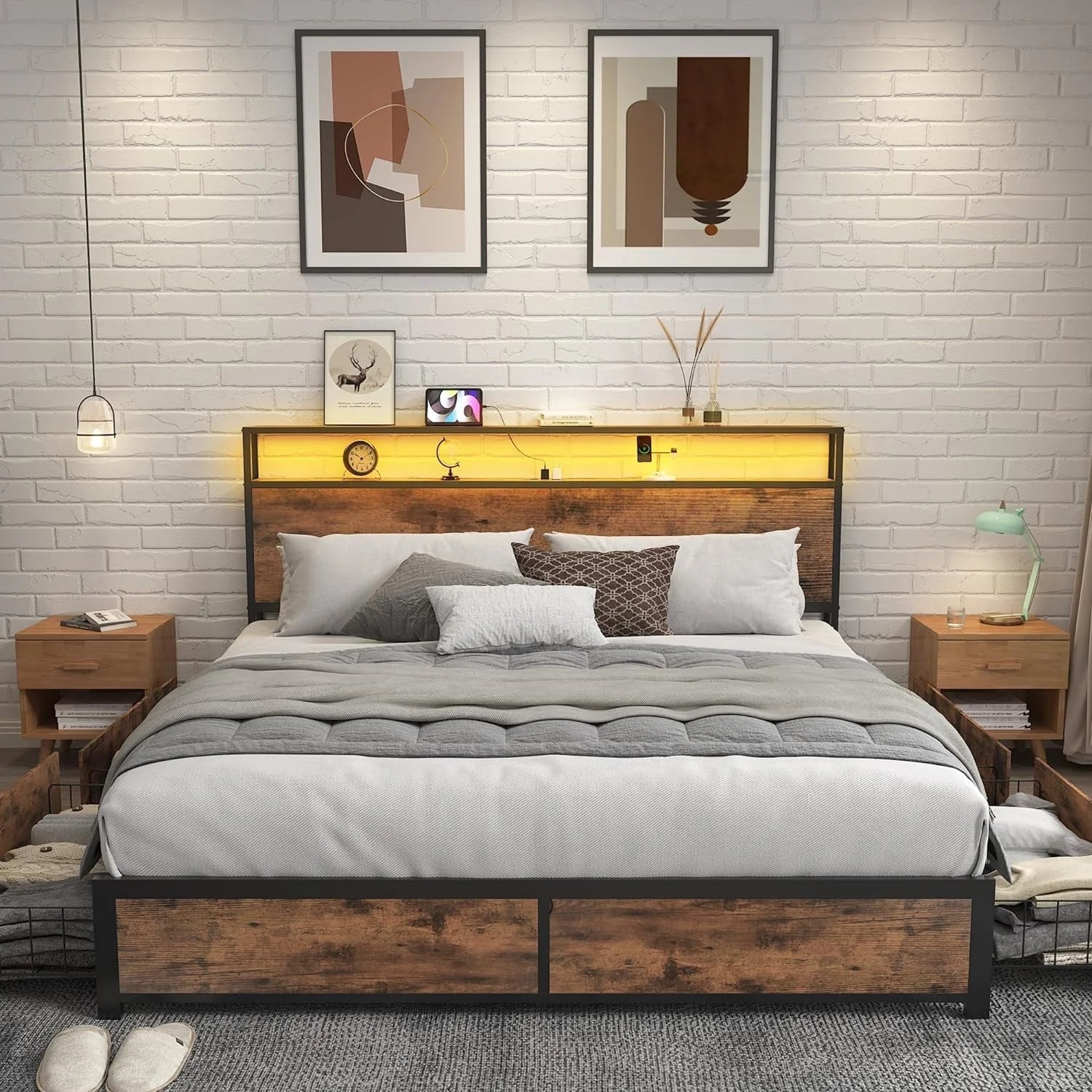Queen Bed Frame with 2-Tier Storage Headboard, Metal Platform Bed LUNESCAPE